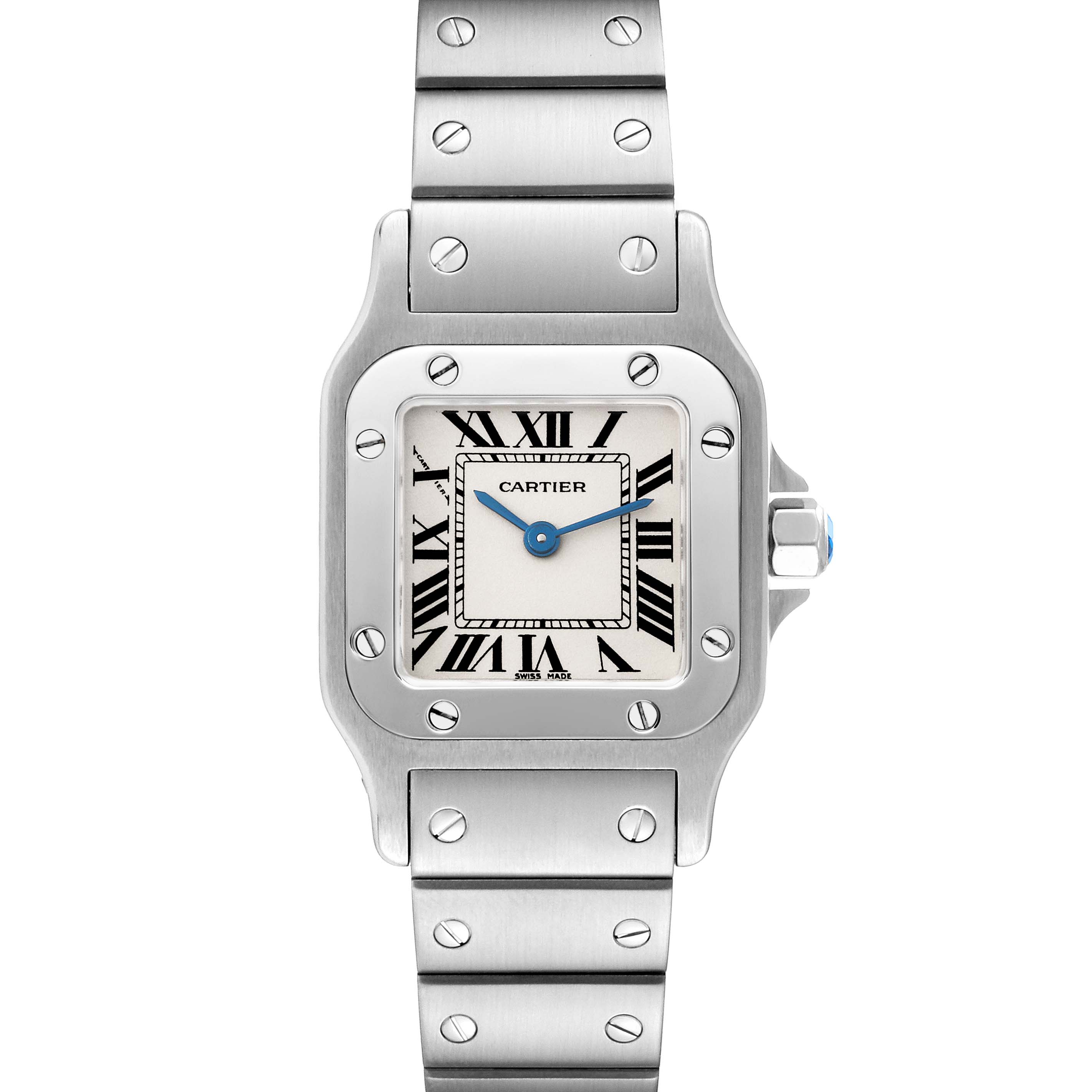 The image shows a frontal view of the Cartier Santos W20056D6 Women
s Stainless Steel Silver Dial W20056D6 Women
s Stainless Steel Silver Dial watch, featuring its dial, bezel, and metal bracelet.