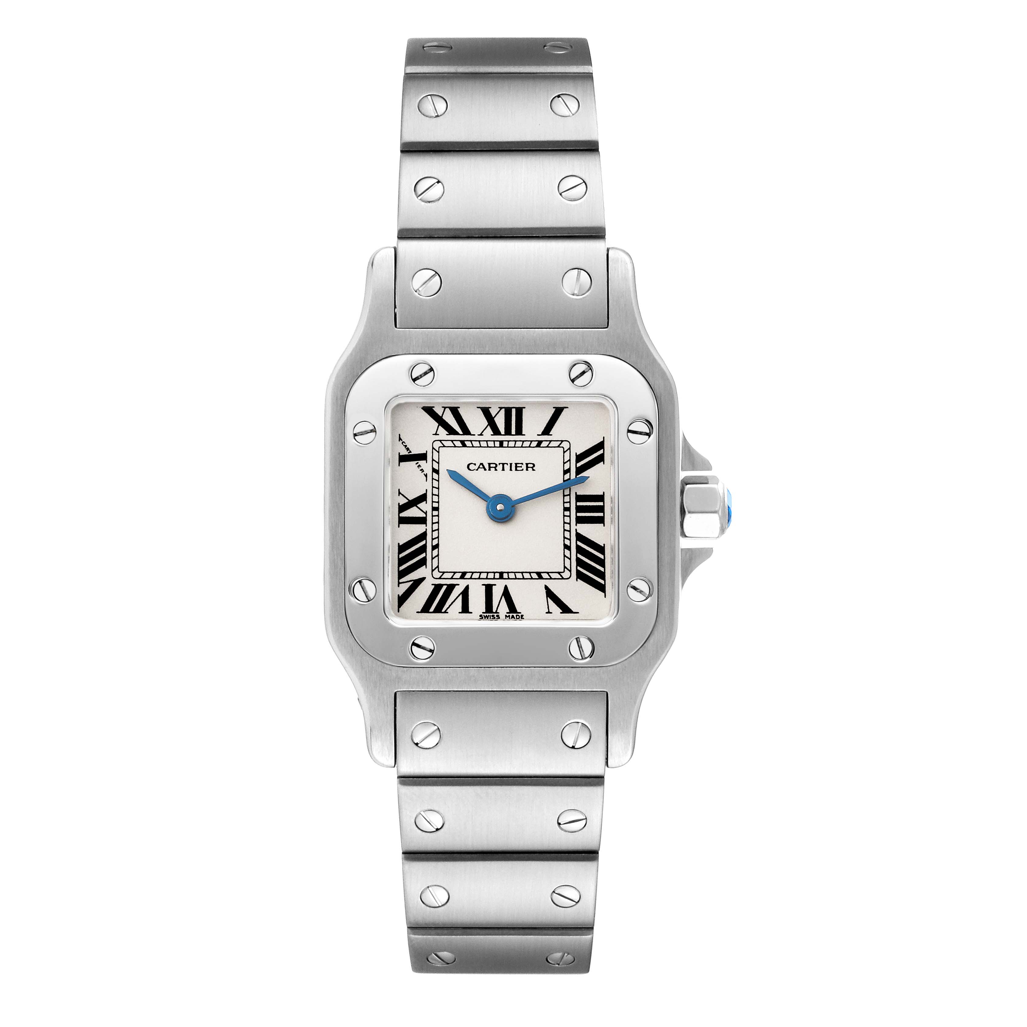 This image shows a Cartier Santos W20056D6 Women
s Stainless Steel Silver Dial W20056D6 Women
s Stainless Steel Silver Dial watch from a front angle, highlighting the face, bezel, and bracelet.