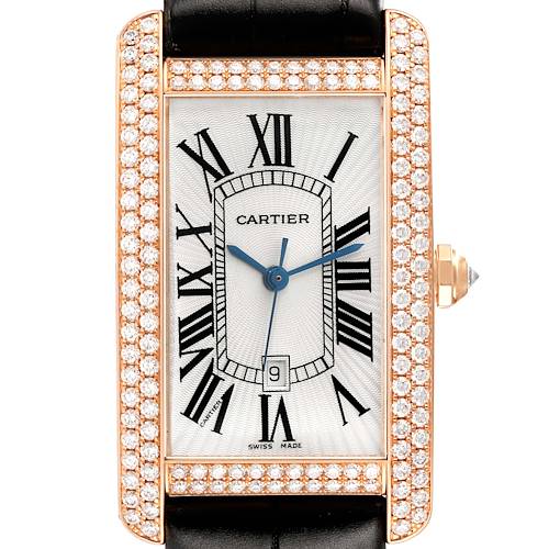 The Cartier Tank Americaine WB704851 Men's Rose Gold Silver Dial watch is shown from a front angle, displaying its diamond-set bezel, dial with Roman numerals, and leather strap.