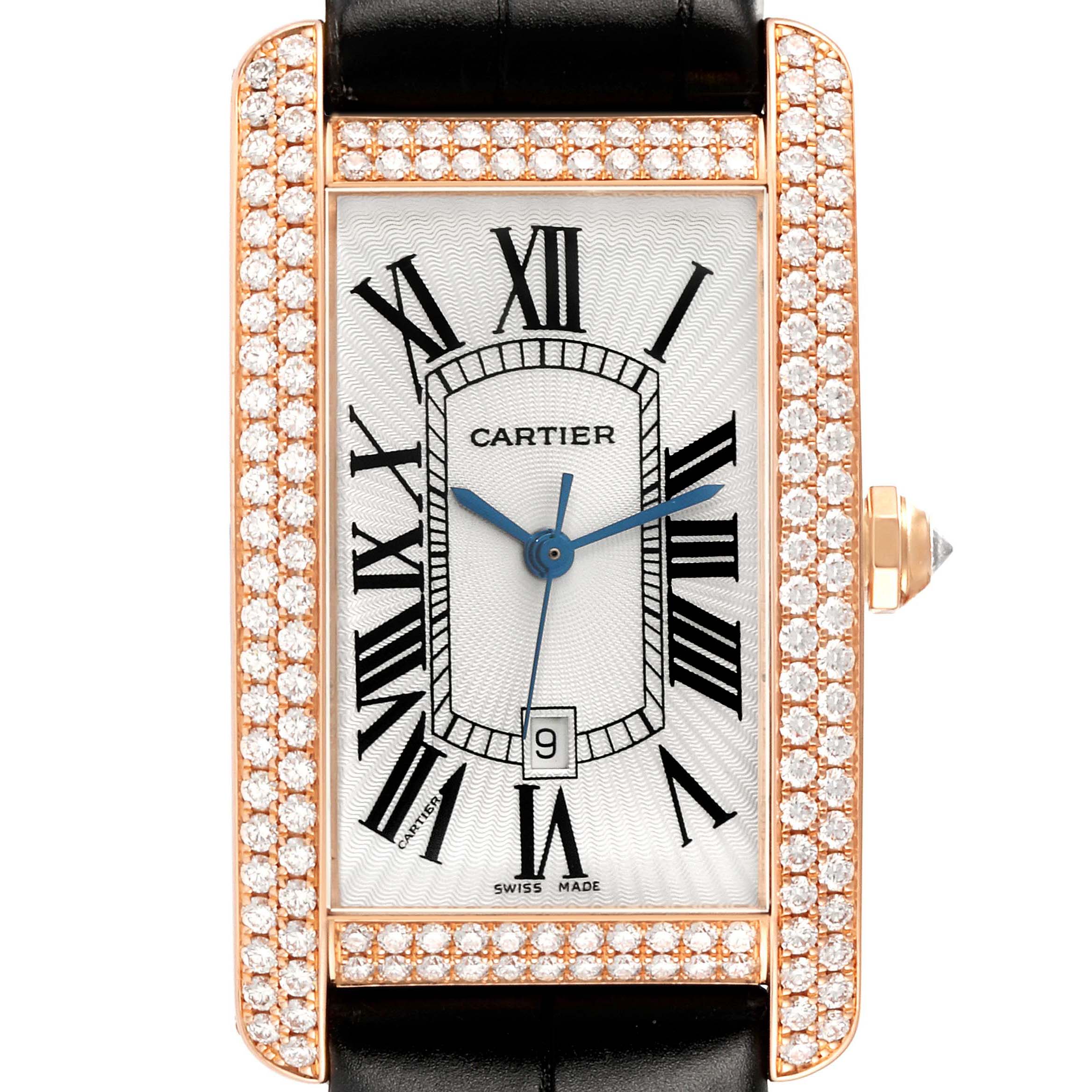 The Cartier Tank Americaine WB704851 Men's Rose Gold Silver Dial is shown from the front, highlighting its rectangular face, diamond bezel, Roman numerals, and leather strap.