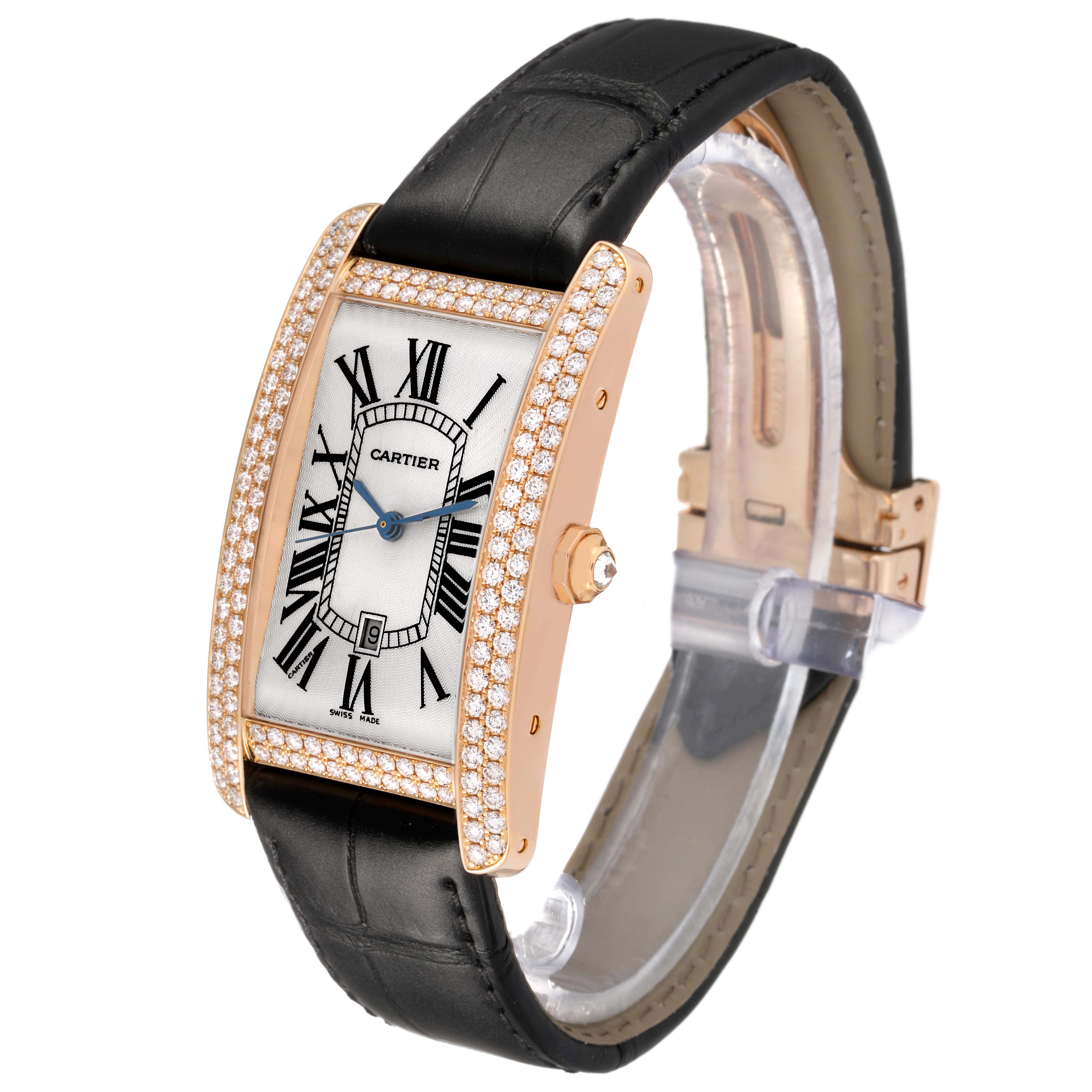 The Cartier Tank Américaine watch is shown at an angled side view, highlighting its rectangular face, diamond bezel, and black strap.