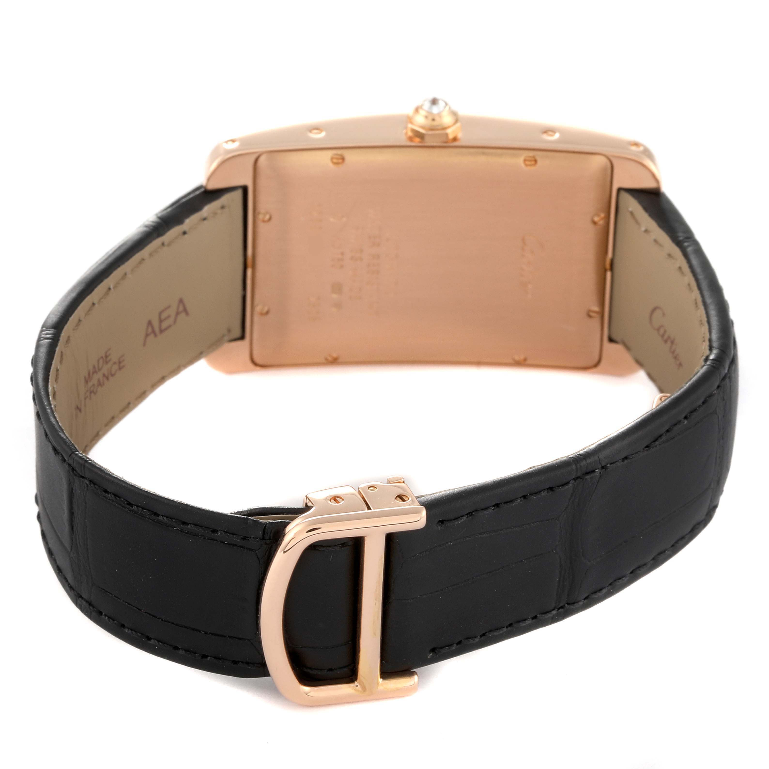 This image shows the back of a Cartier Tank Americaine WB704851 Men's Rose Gold Silver Dial WB704851 Men's Rose Gold Silver Dial watch, highlighting its clasp, leather strap, and case back.