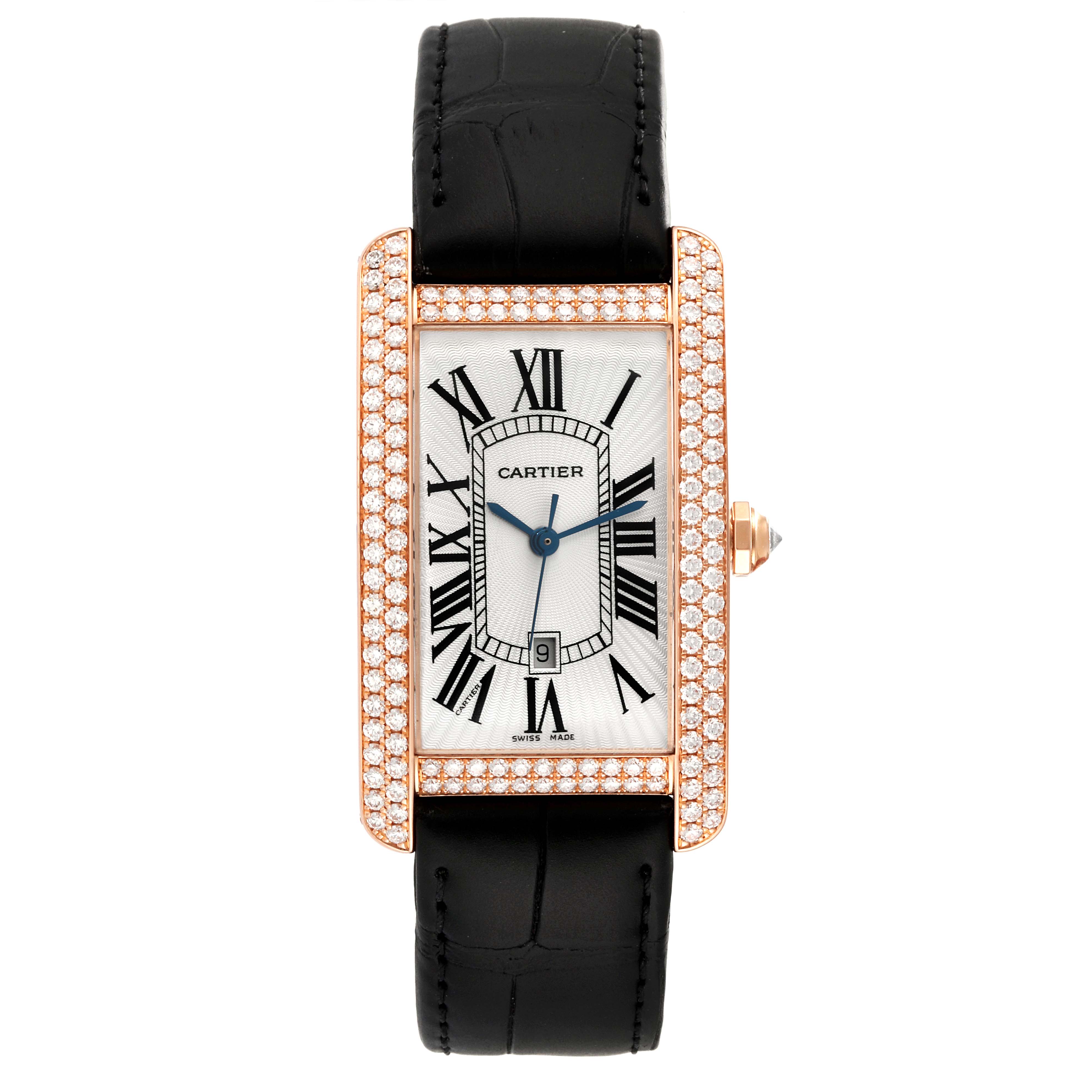 The Cartier Tank Americaine WB704851 Men's Rose Gold Silver Dial WB704851 Men's Rose Gold Silver Dial watch is shown from a top-down angle, displaying the face, bezel, and strap.