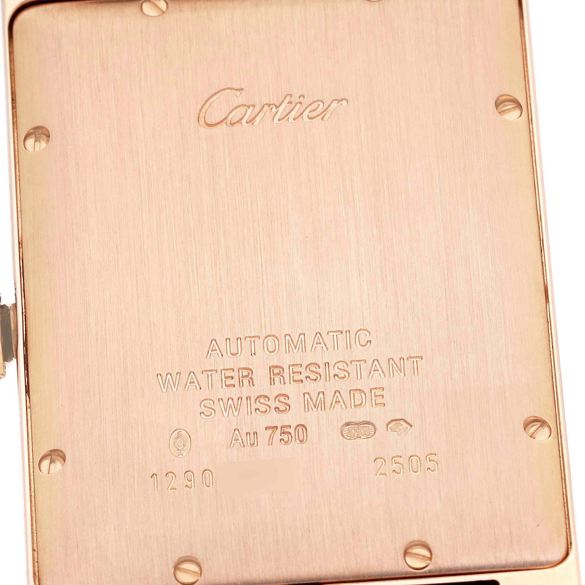 The image shows the back case of the Cartier Tank Americaine WB704851 Men's Rose Gold Silver Dial watch, highlighting engravings and specifications.