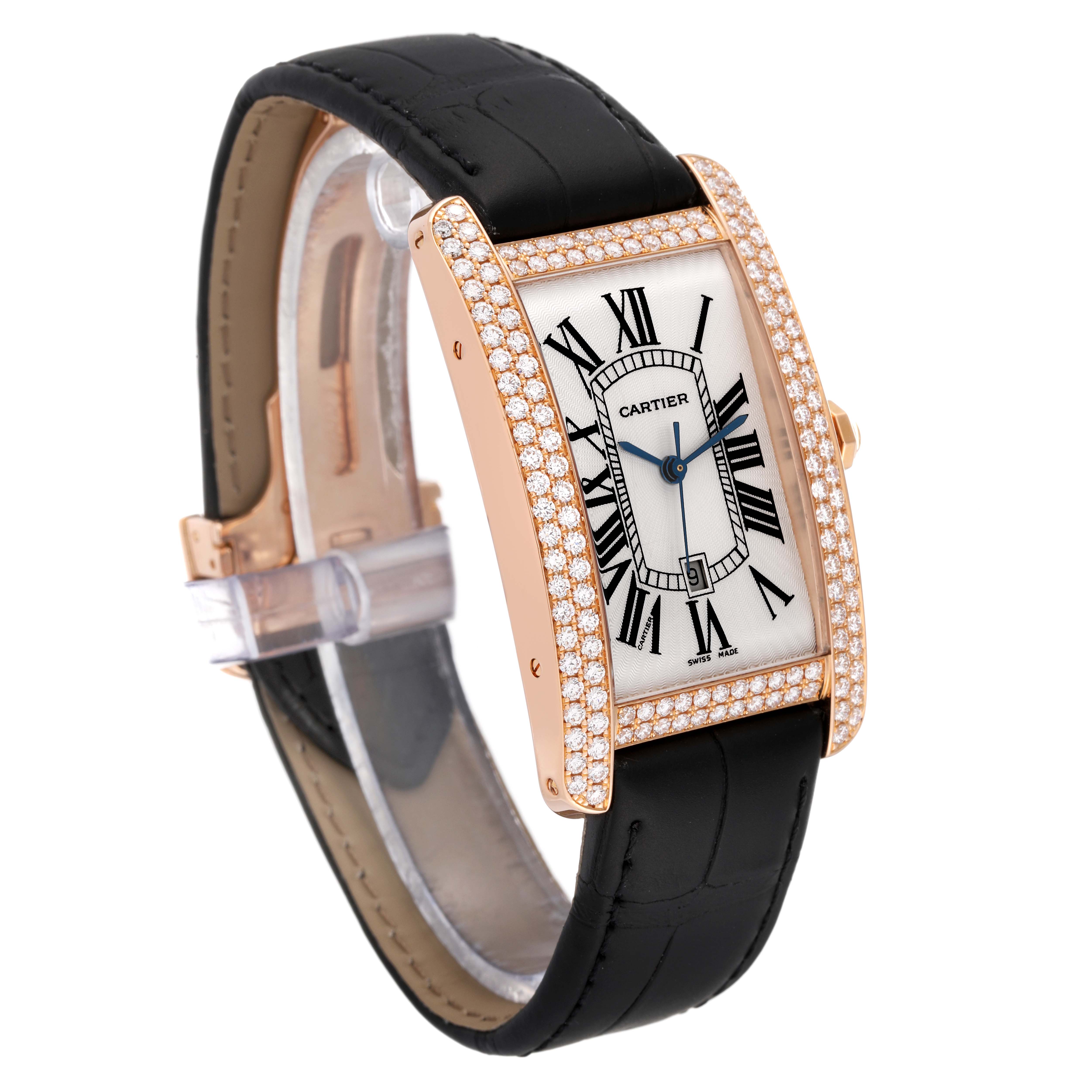 The image shows a Cartier Tank Americaine WB704851 Men's Rose Gold Silver Dial WB704851 Men's Rose Gold Silver Dial watch at a three-quarter angle, displaying its diamond-studded bezel.