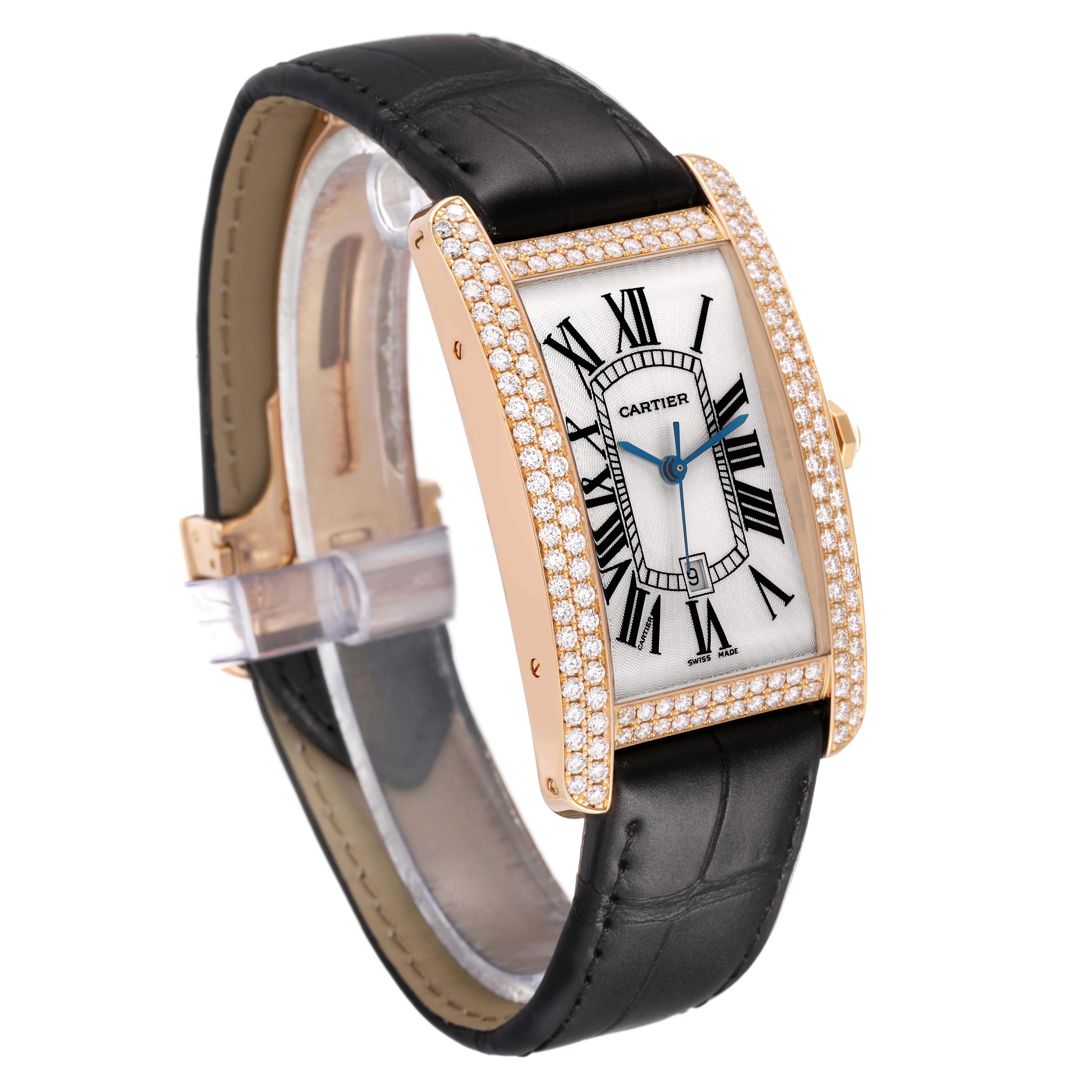 The Cartier Tank Americaine WB704851 Men's Rose Gold Silver Dial watch is shown at a slight angle, highlighting its rectangular face, diamond bezel, and black strap.