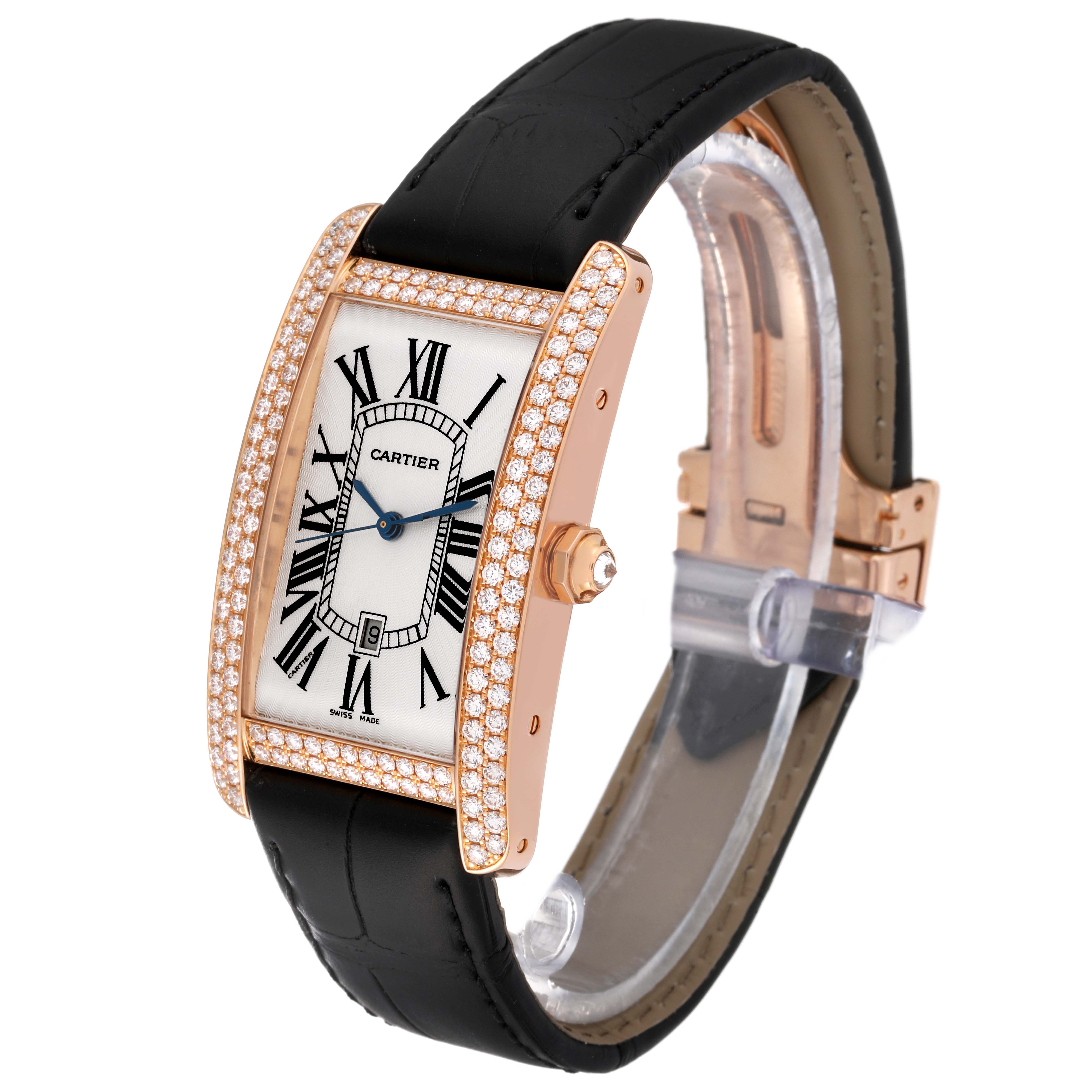 The Cartier Tank Americaine WB704851 Men's Rose Gold Silver Dial WB704851 Men's Rose Gold Silver Dial watch is shown at a slight angle, displaying its face, diamond-set bezel, crown, and black leather strap.
