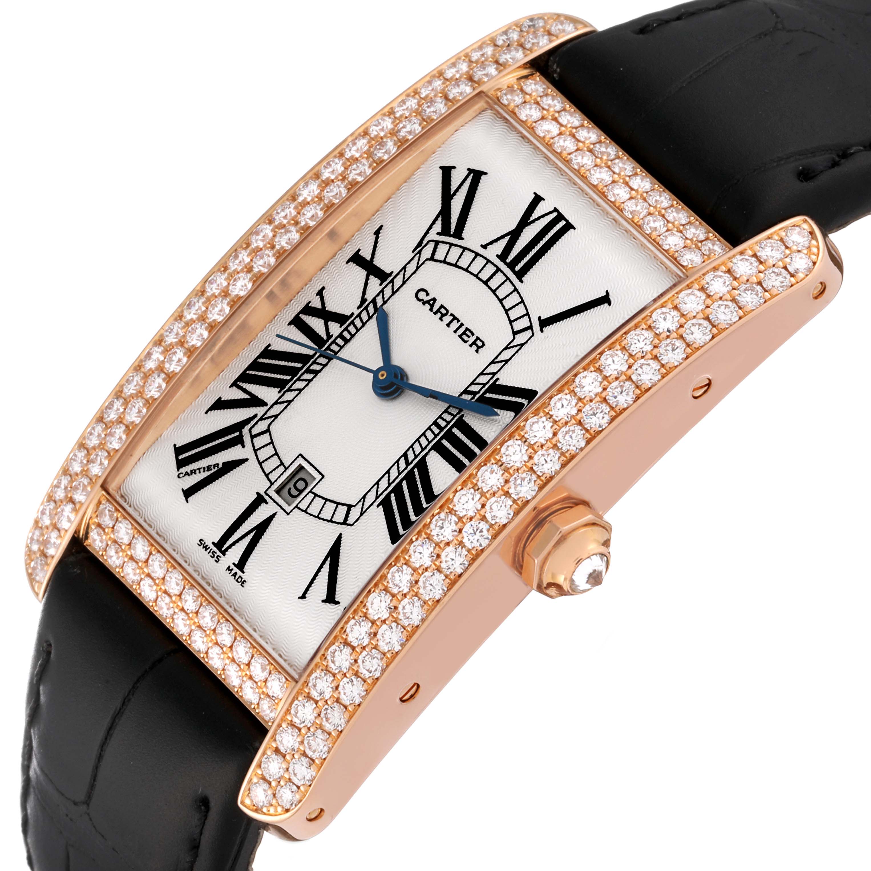 The image shows a lateral view of the Cartier Tank Américaine watch, highlighting its diamond-set bezel and black leather strap.