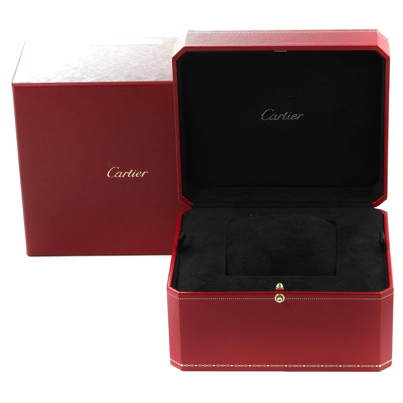 The image shows an open red Cartier box and an outer box for the Cartier Tank Americaine WB704851 Men's Rose Gold Silver Dial WB704851 Men's Rose Gold Silver Dial model watch.