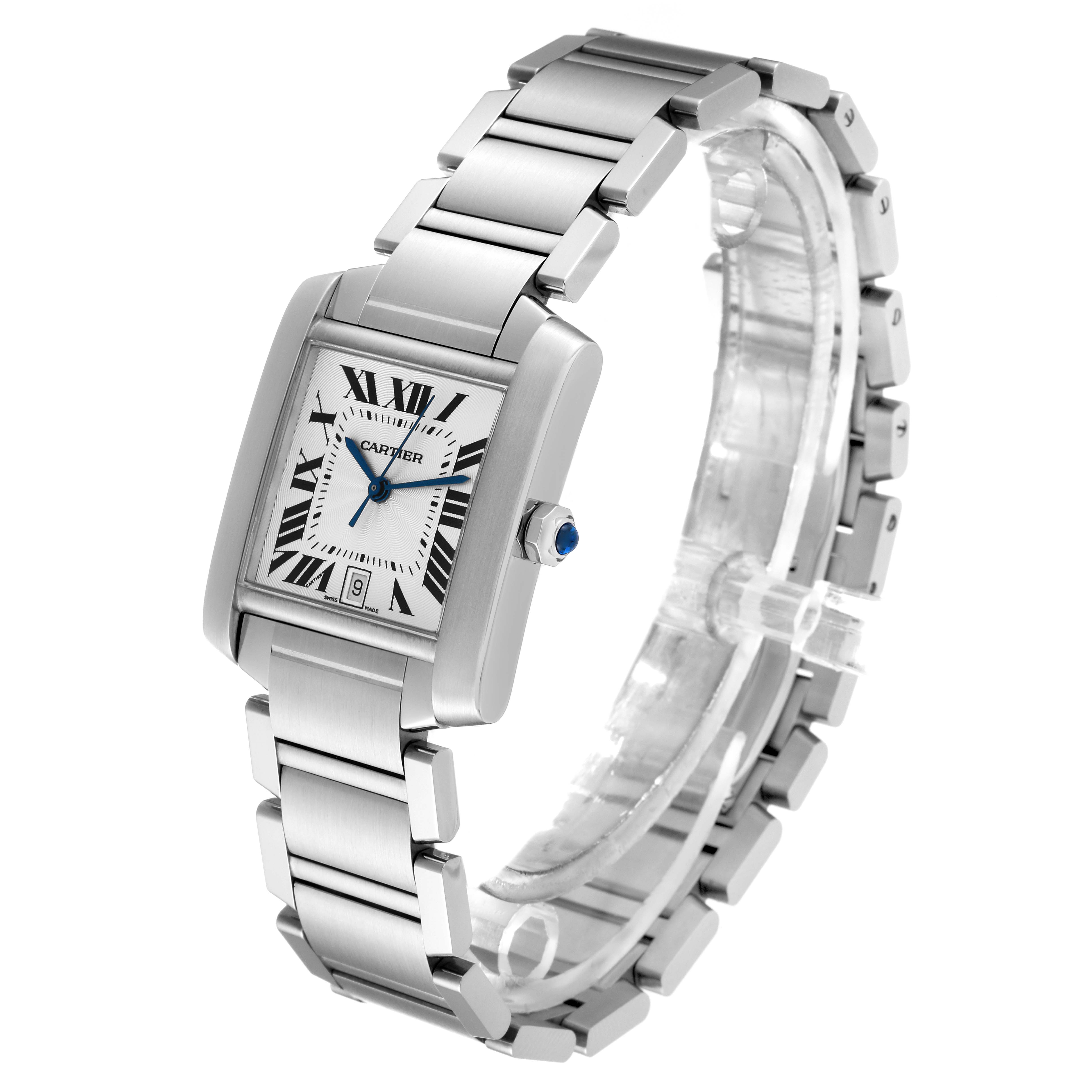 The image shows a Cartier Tank Francaise W51002Q3 Men
s Stainless Steel Silver Dial W51002Q3 Men
s Stainless Steel Silver Dial watch at a three-quarter angle, highlighting its rectangular dial and metal bracelet.