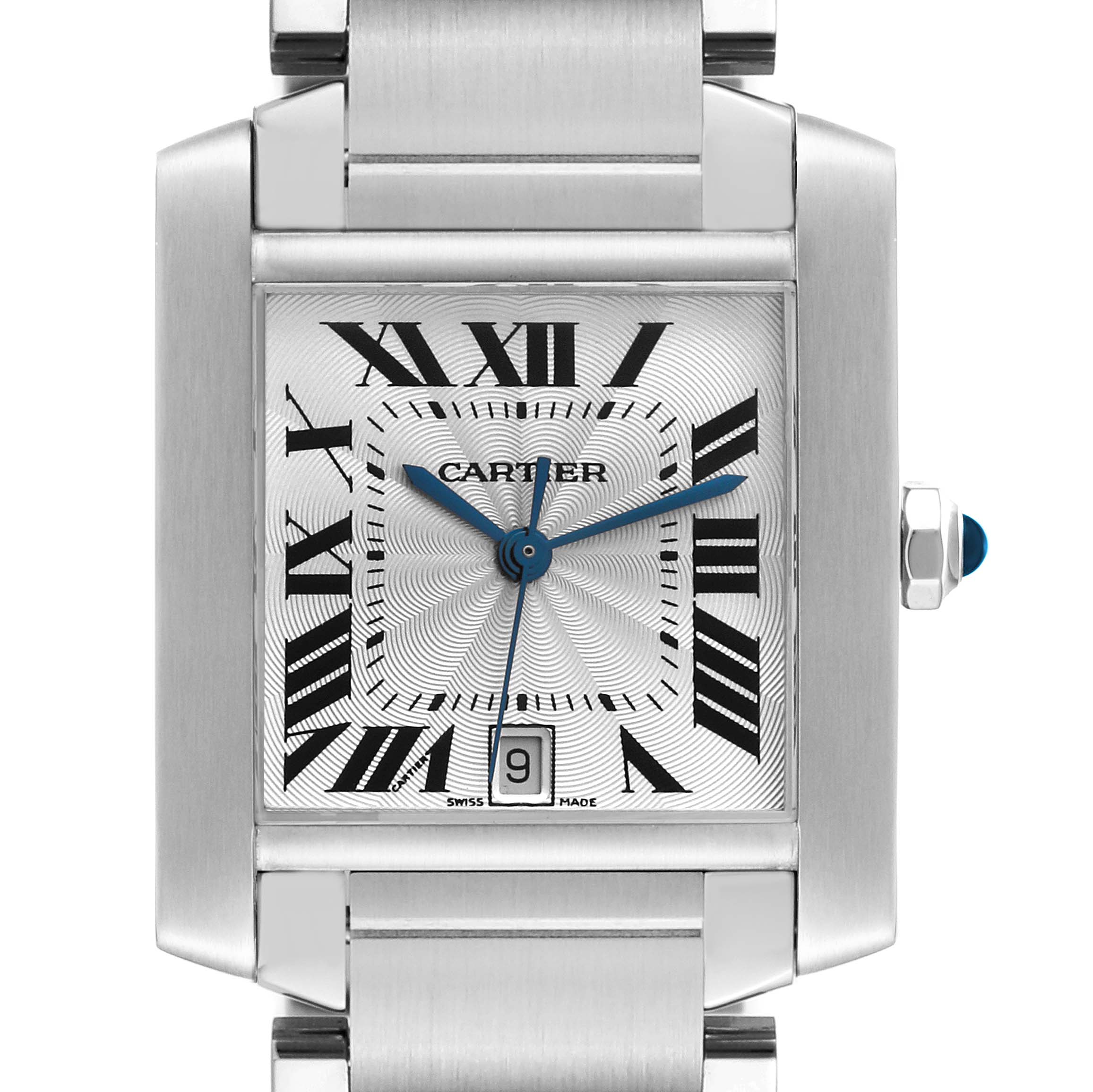 This image shows a front view of the Cartier Tank Francaise W51002Q3 Men
s Stainless Steel Silver Dial W51002Q3 Men
s Stainless Steel Silver Dial watch, highlighting the dial, hands, date window, and part of the bracelet.