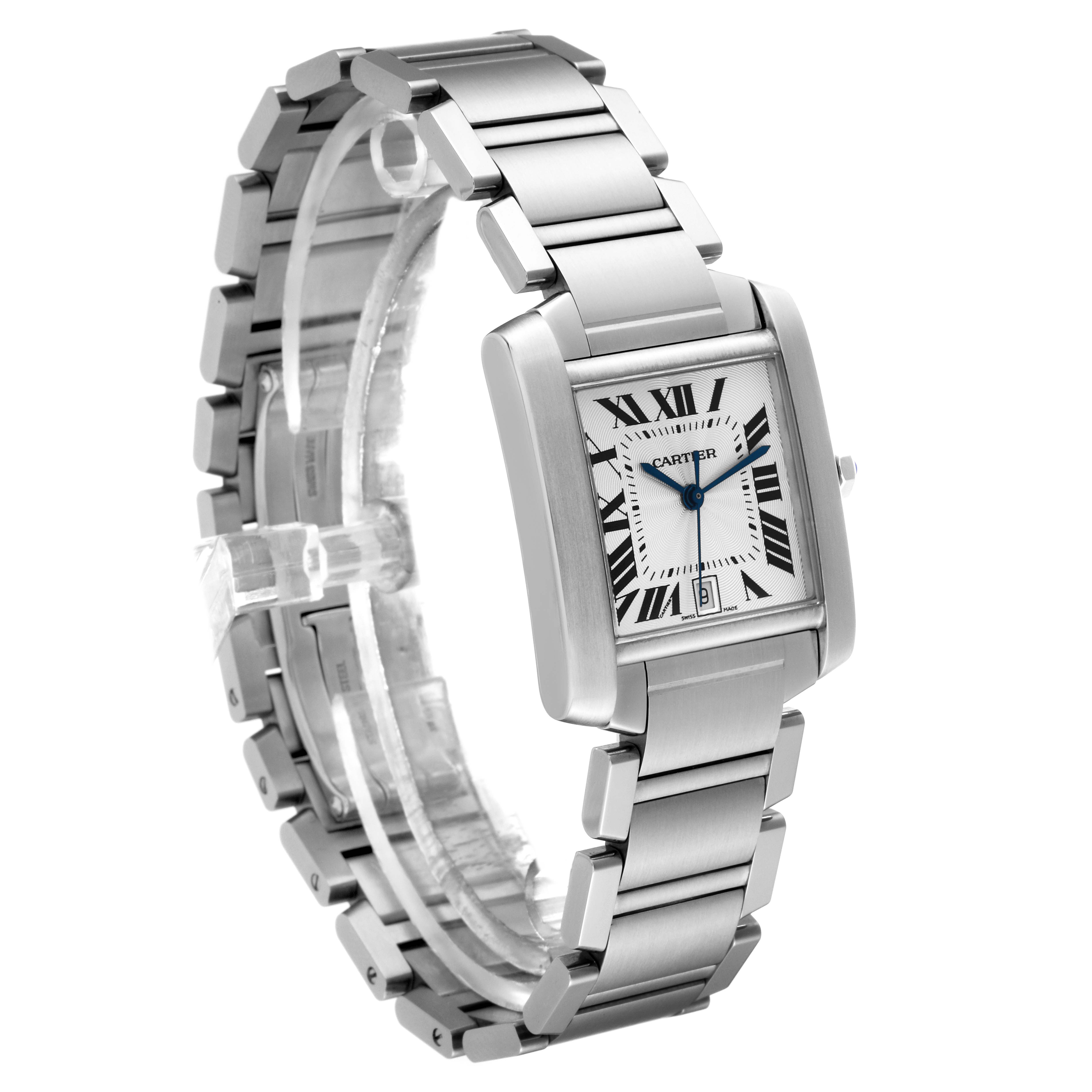 The Cartier Tank Francaise W51002Q3 Men
s Stainless Steel Silver Dial W51002Q3 Men
s Stainless Steel Silver Dial watch is shown at a slight angle, displaying its rectangular face, bracelet, and side crown.