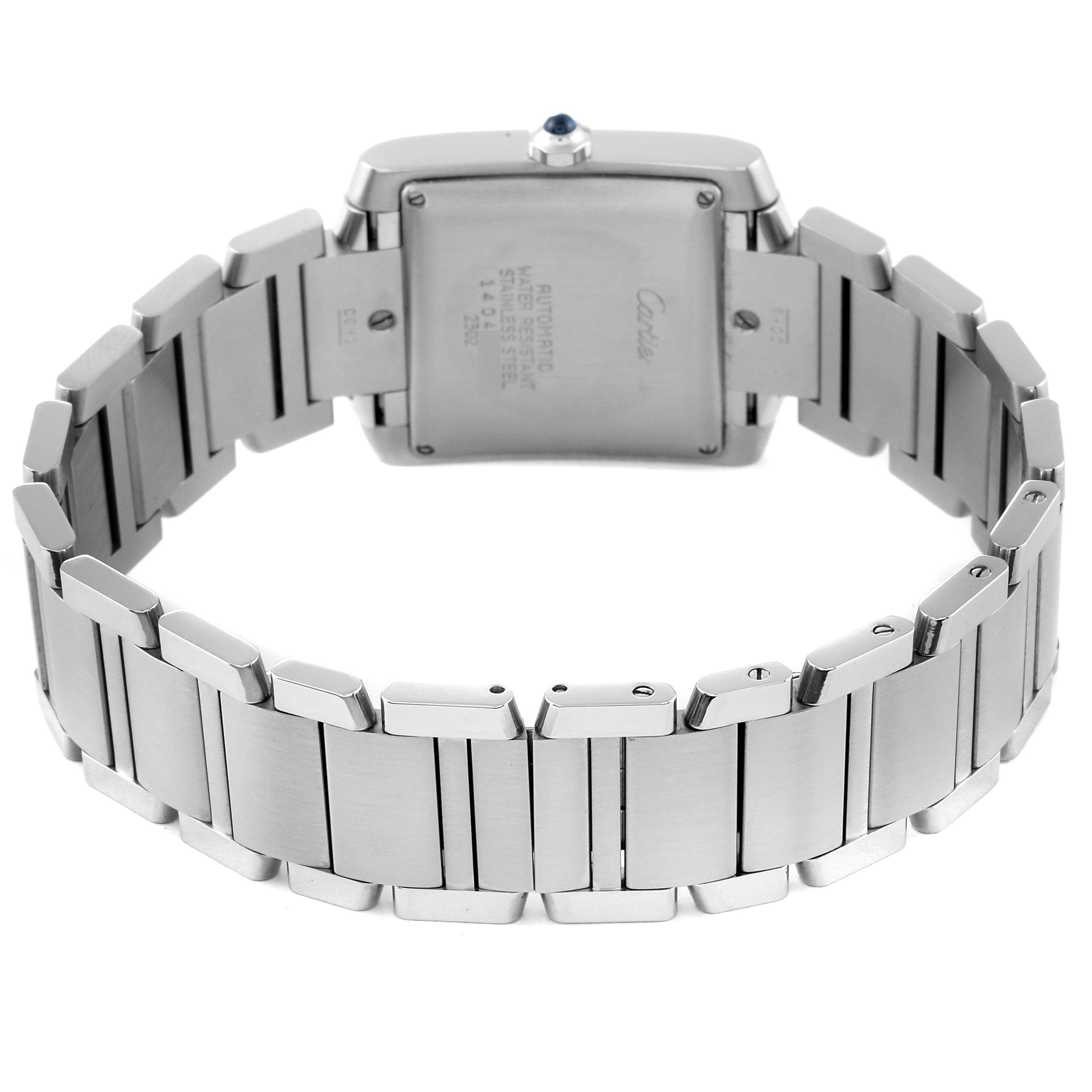 This image shows the back view and bracelet of the Cartier Tank Française watch, highlighting the case back and links.