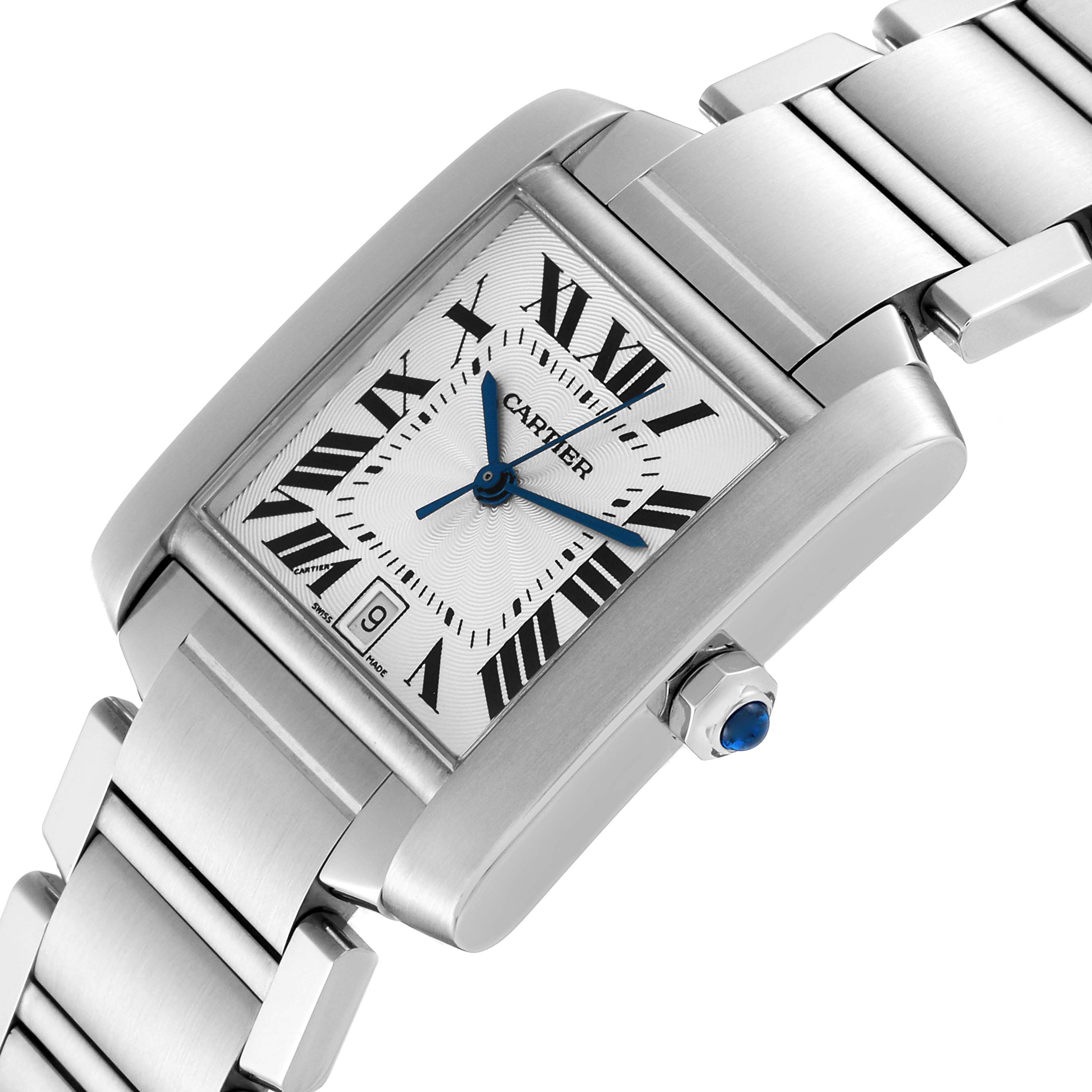 The image shows a Cartier Tank Française watch at an angled view highlighting the face, bracelet, and crown with a blue stone.