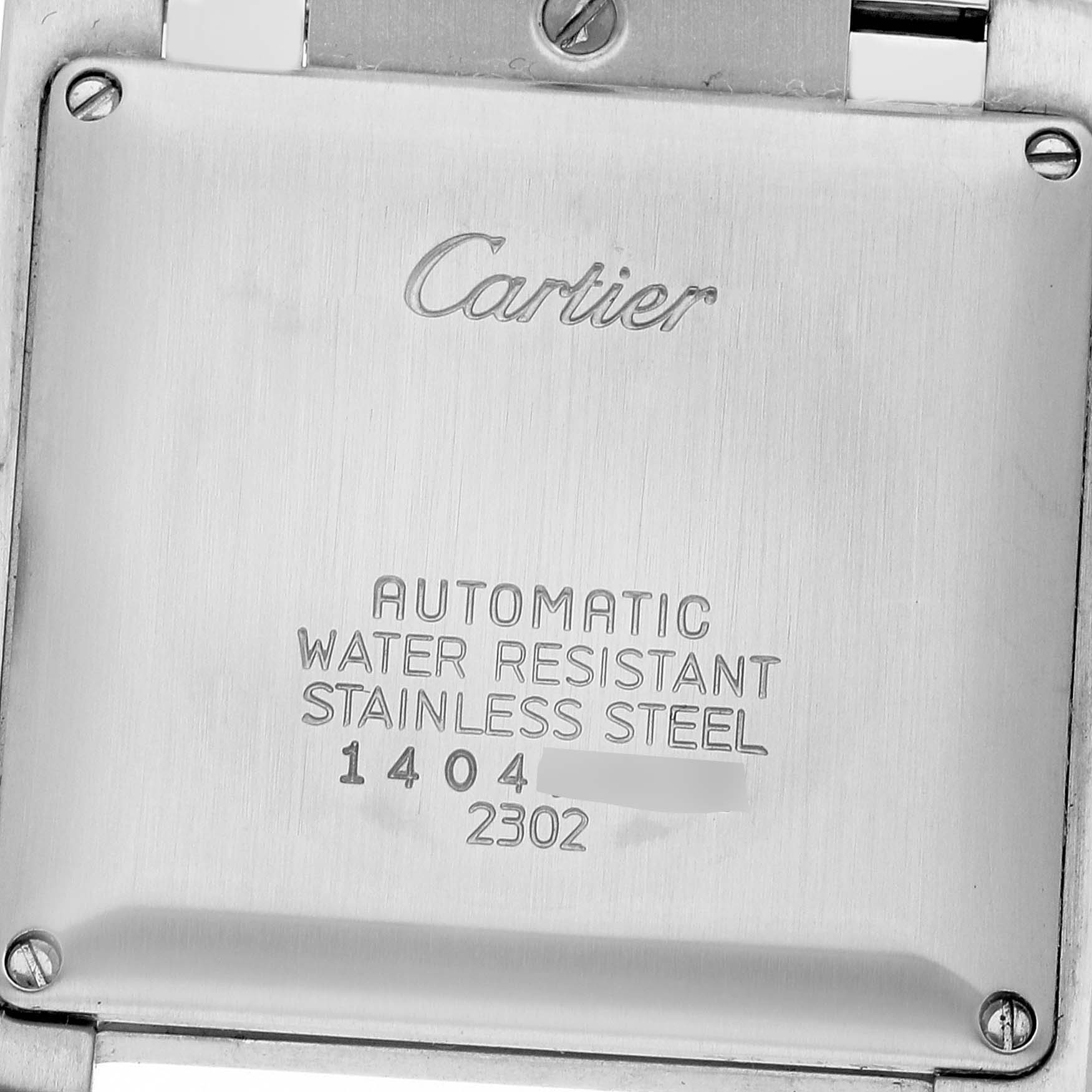 The image shows the backside of a Cartier Tank Francaise W51002Q3 Men
s Stainless Steel Silver Dial W51002Q3 Men
s Stainless Steel Silver Dial watch, displaying details like the brand, model, and material.