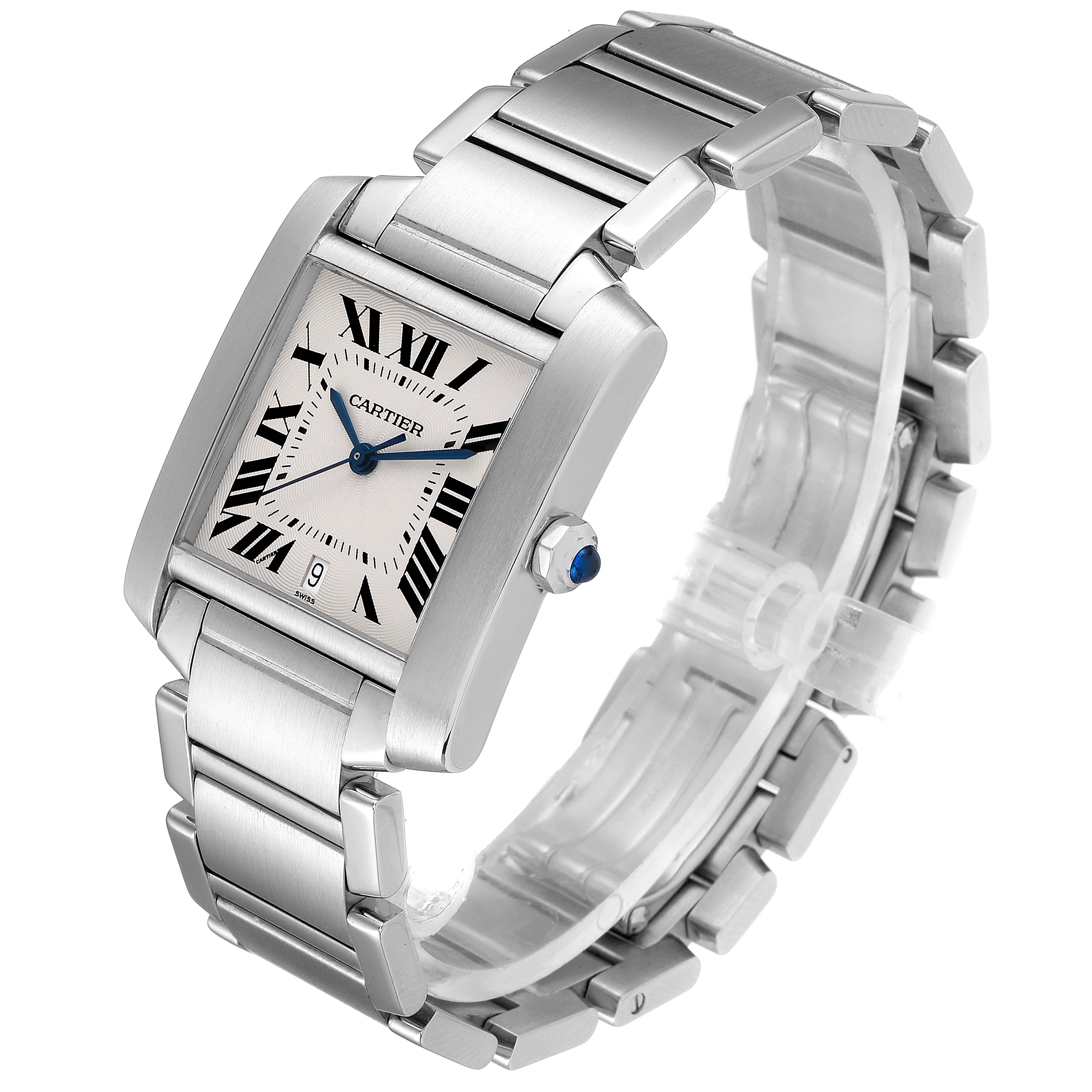 The Cartier Tank Francaise W51002Q3 Men's Stainless Steel Silver Dial W51002Q3 Men's Stainless Steel Silver Dial watch is shown at a three-quarter angle displaying the face, bracelet, and side crown.