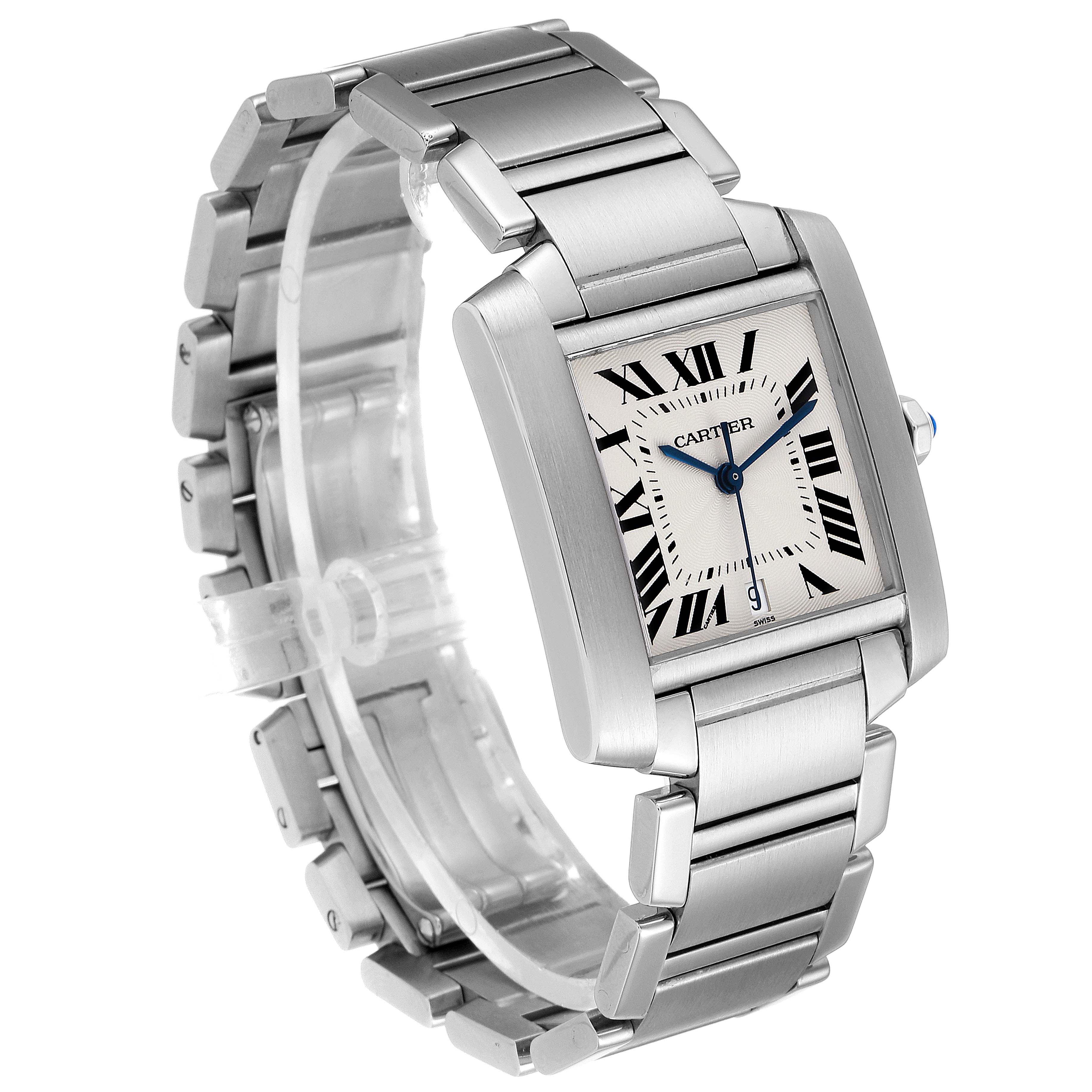This image shows a Tank Francaise model watch by Cartier from a left side angle, highlighting its bracelet and rectangular face.