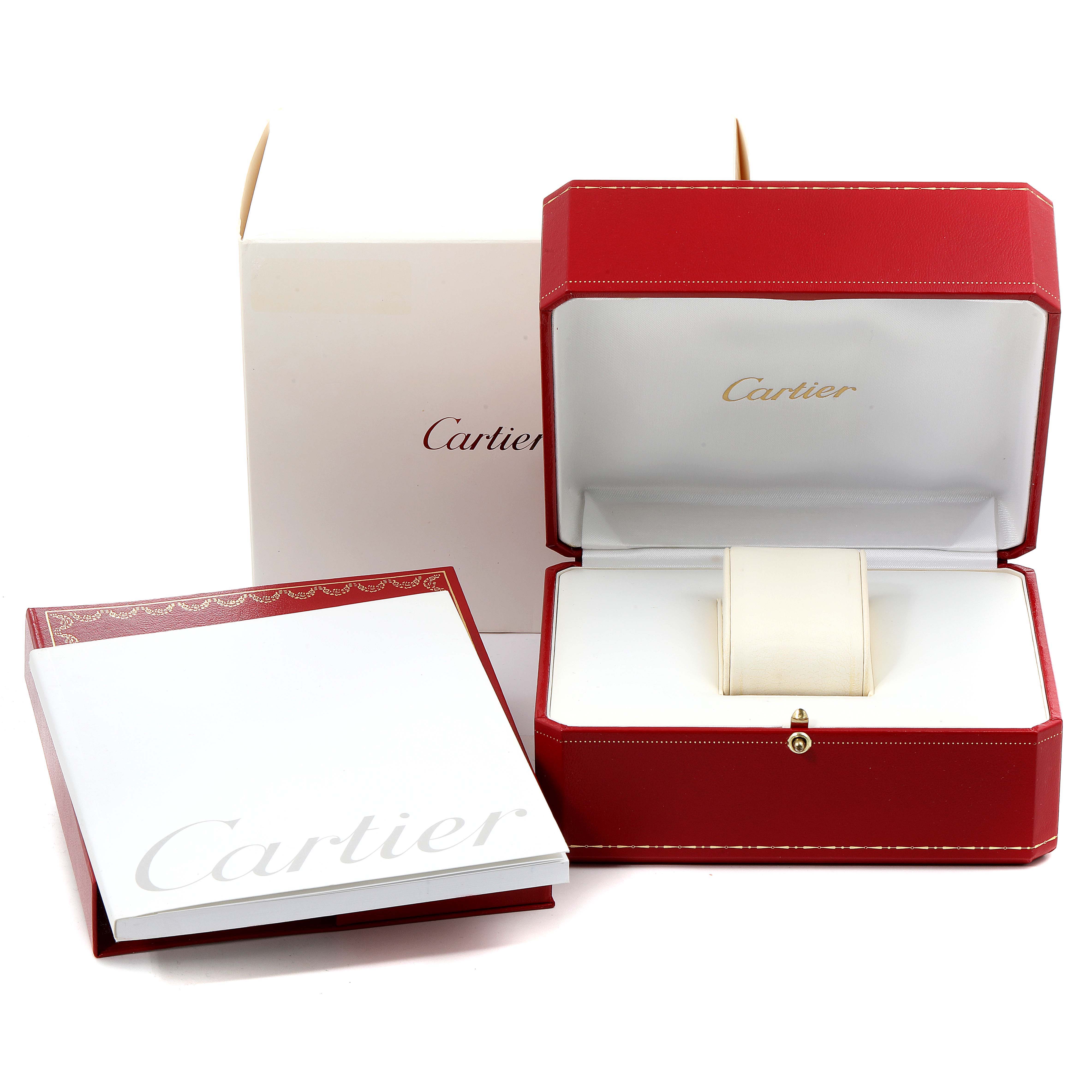 The image shows the packaging and presentation box for the Cartier Tank Francaise W51002Q3 Men's Stainless Steel Silver Dial W51002Q3 Men's Stainless Steel Silver Dial watch, including the outer box, red display box, and booklet.