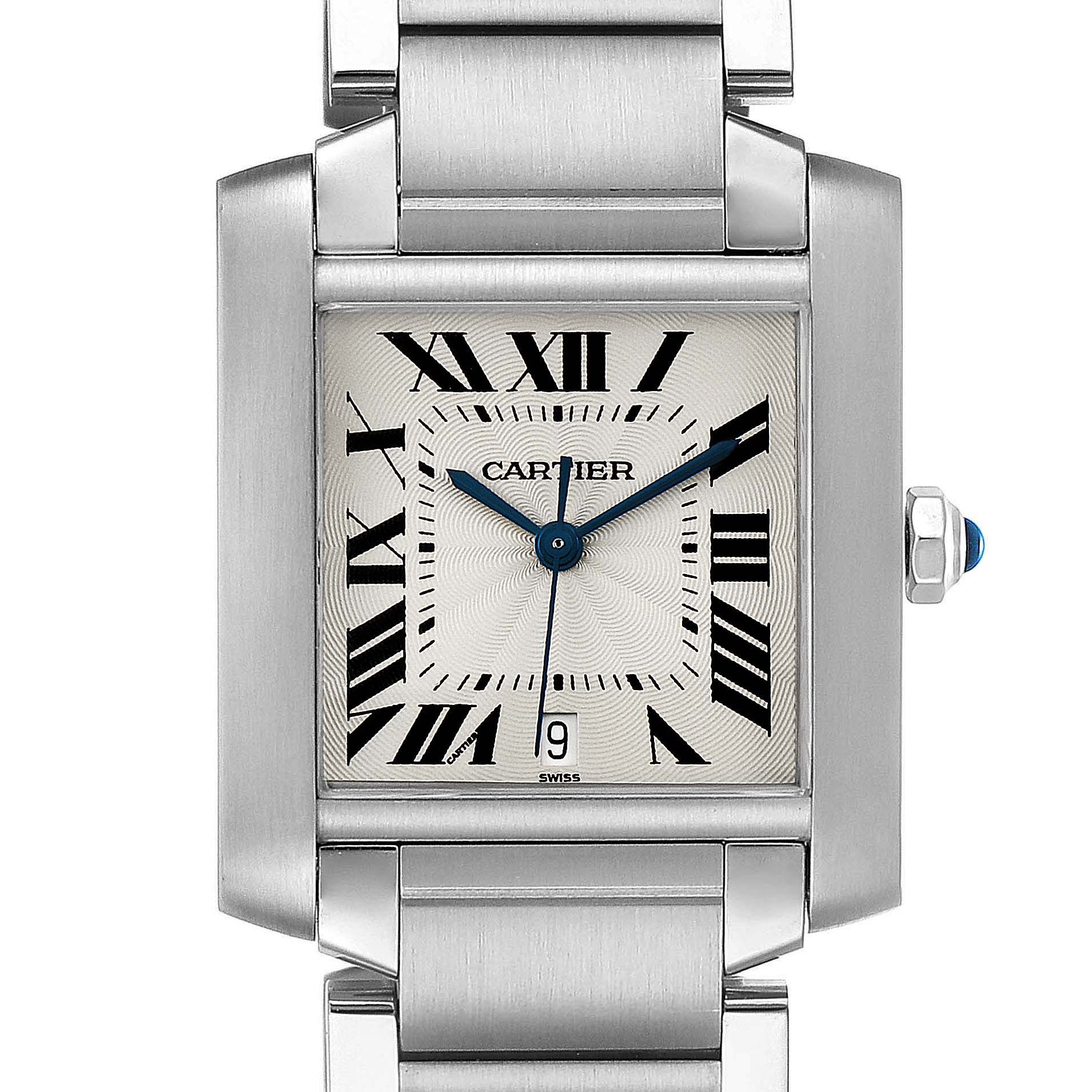 The image shows a front view of the Cartier Tank Française watch, highlighting the face, Roman numeral markers, and a portion of the metal bracelet.