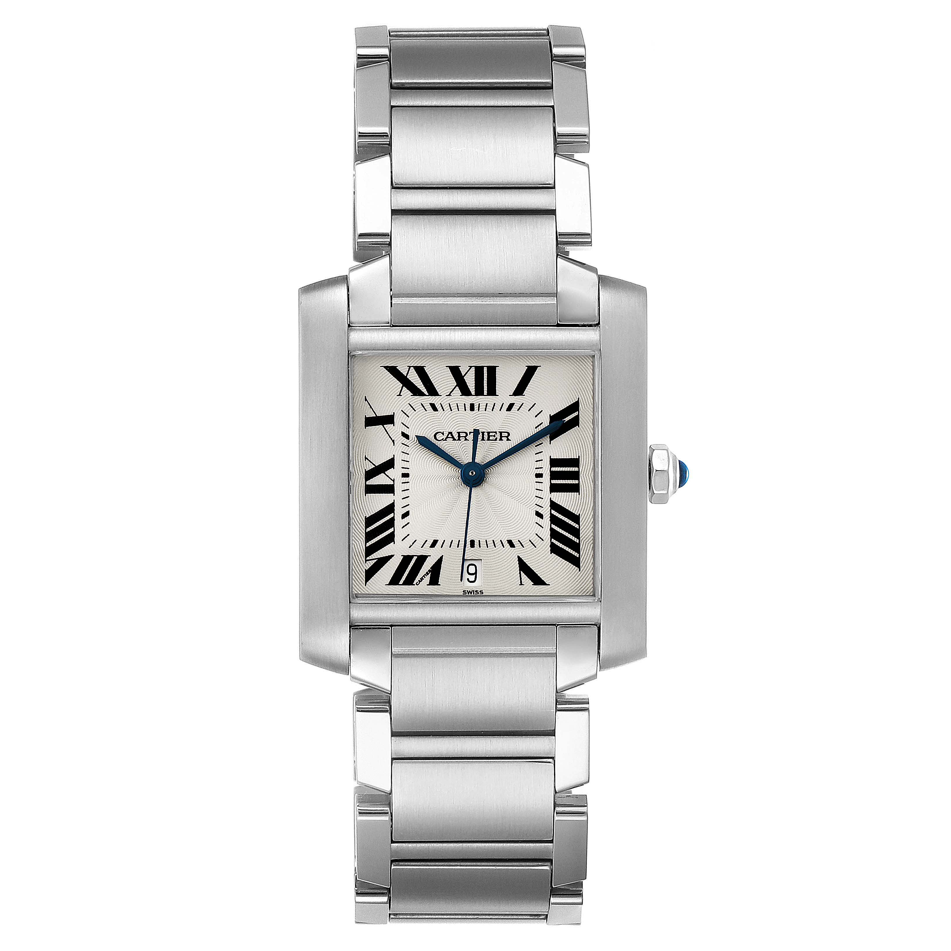 This is a front view of the Cartier Tank Francaise W51002Q3 Men's Stainless Steel Silver Dial W51002Q3 Men's Stainless Steel Silver Dial watch showing its rectangular face, Roman numerals, and stainless steel bracelet.