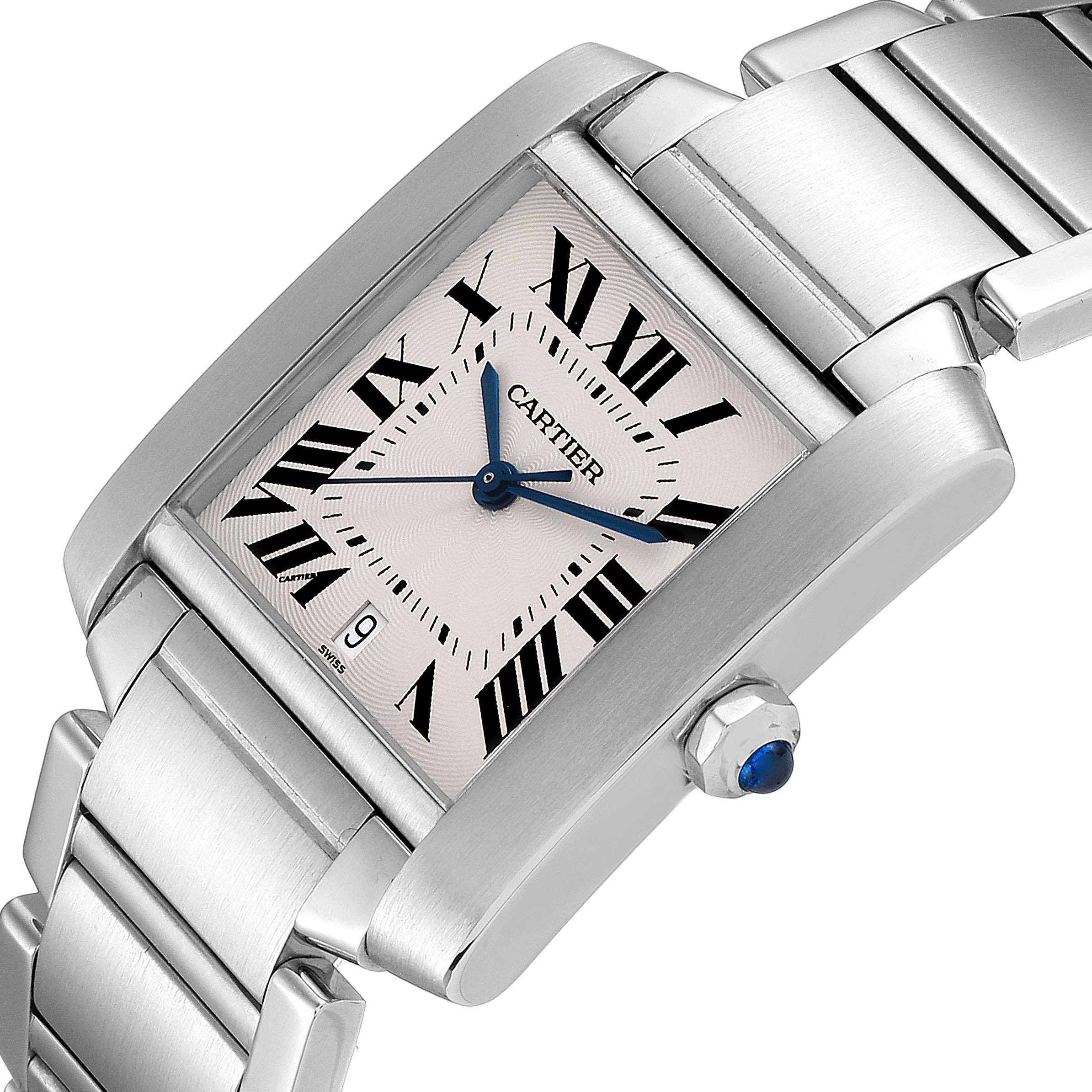 The Cartier Tank Francaise W51002Q3 Men's Stainless Steel Silver Dial W51002Q3 Men's Stainless Steel Silver Dial watch is shown at an angled view, highlighting the dial, crown, and part of the bracelet.