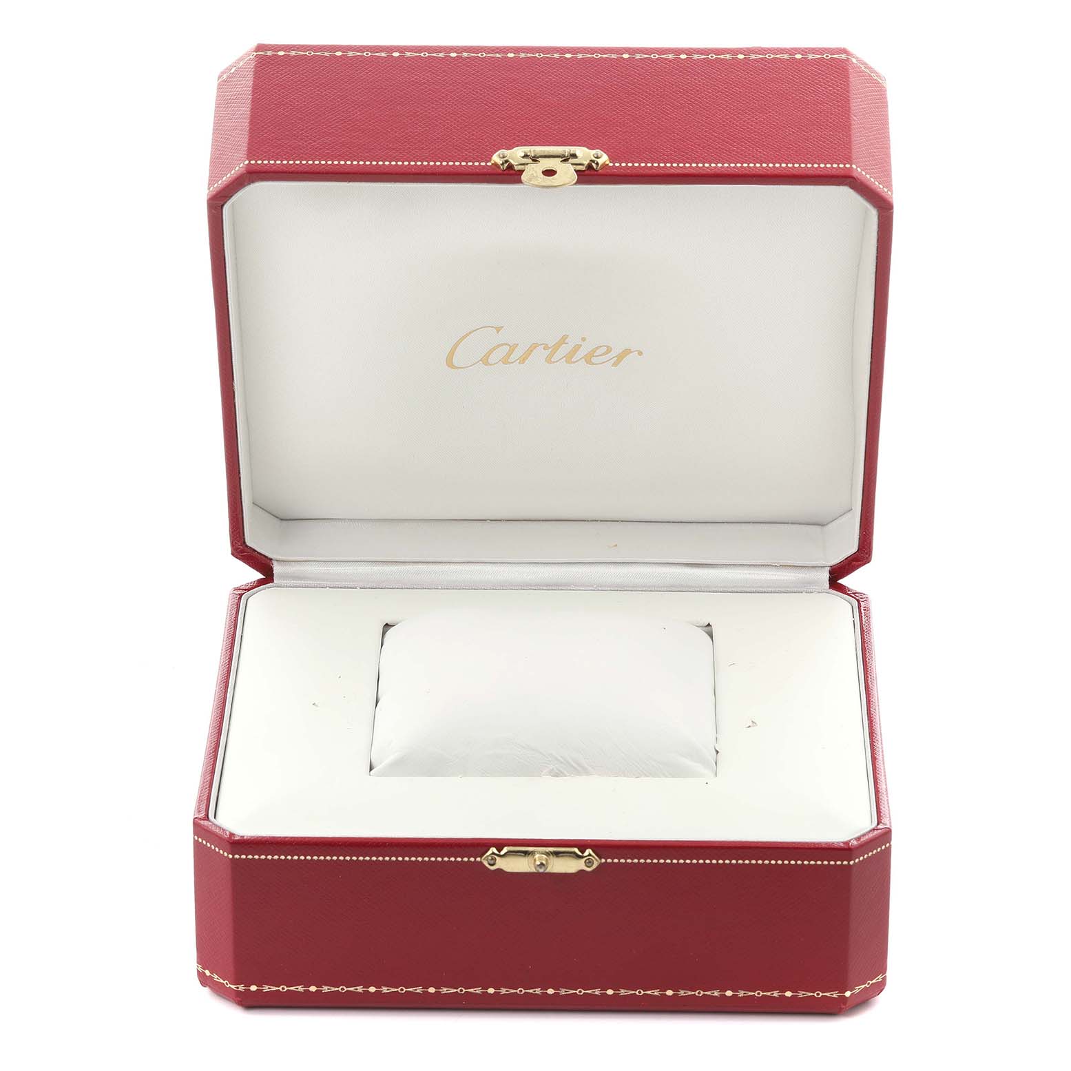 The image shows an open red Cartier box for the Tank Francaise model, displaying its interior cushion.