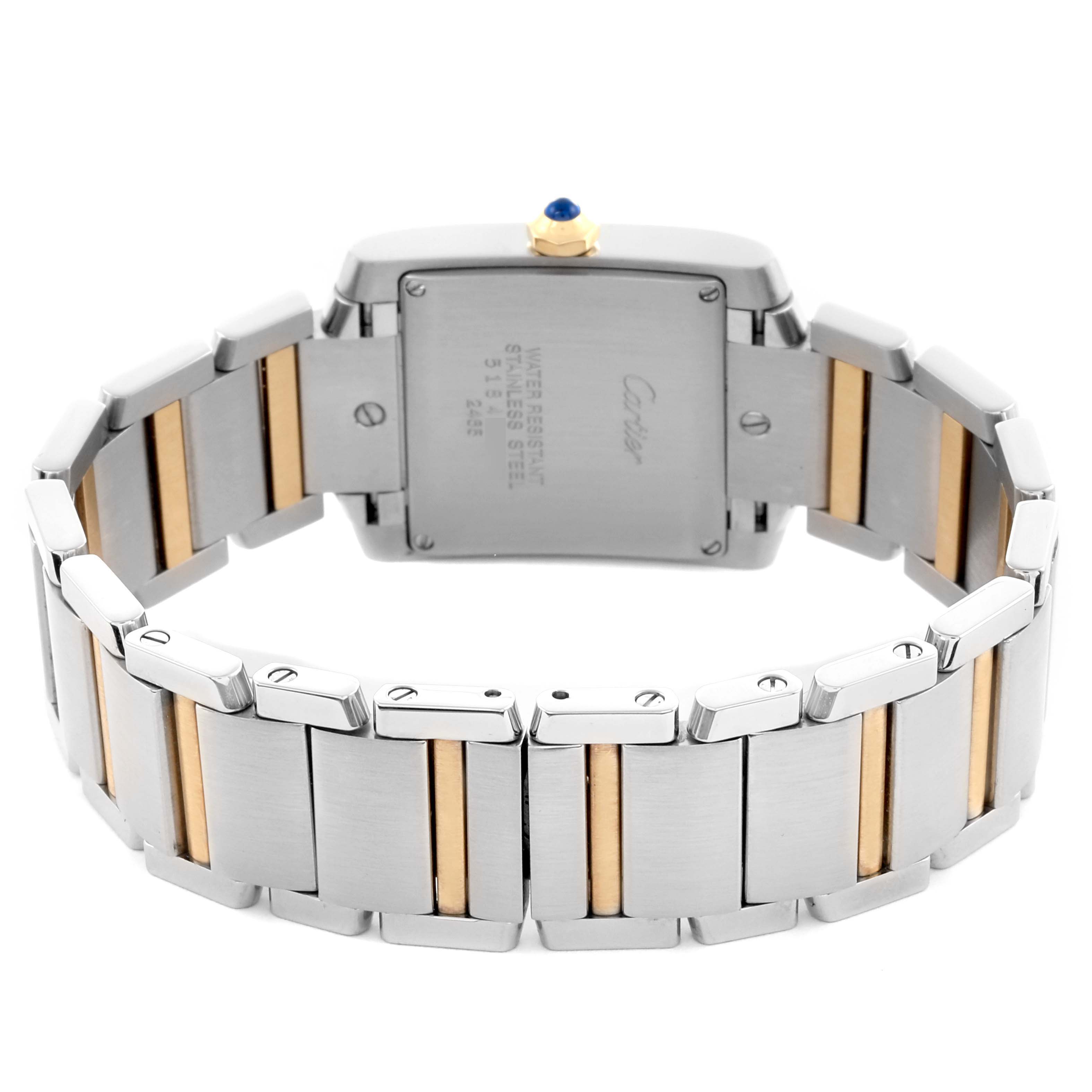 The Cartier Tank Francaise W51012Q4 Women's Steel and Gold (two tone) Silver Dial W51012Q4 Women's Steel and Gold (two tone) Silver Dial watch is shown from the back, highlighting the stainless steel and gold bracelet and the case back.
