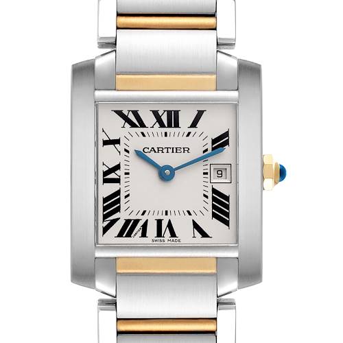 The Cartier Tank Francaise watch is shown from a top-down angle, highlighting the bracelet, face, and crown.