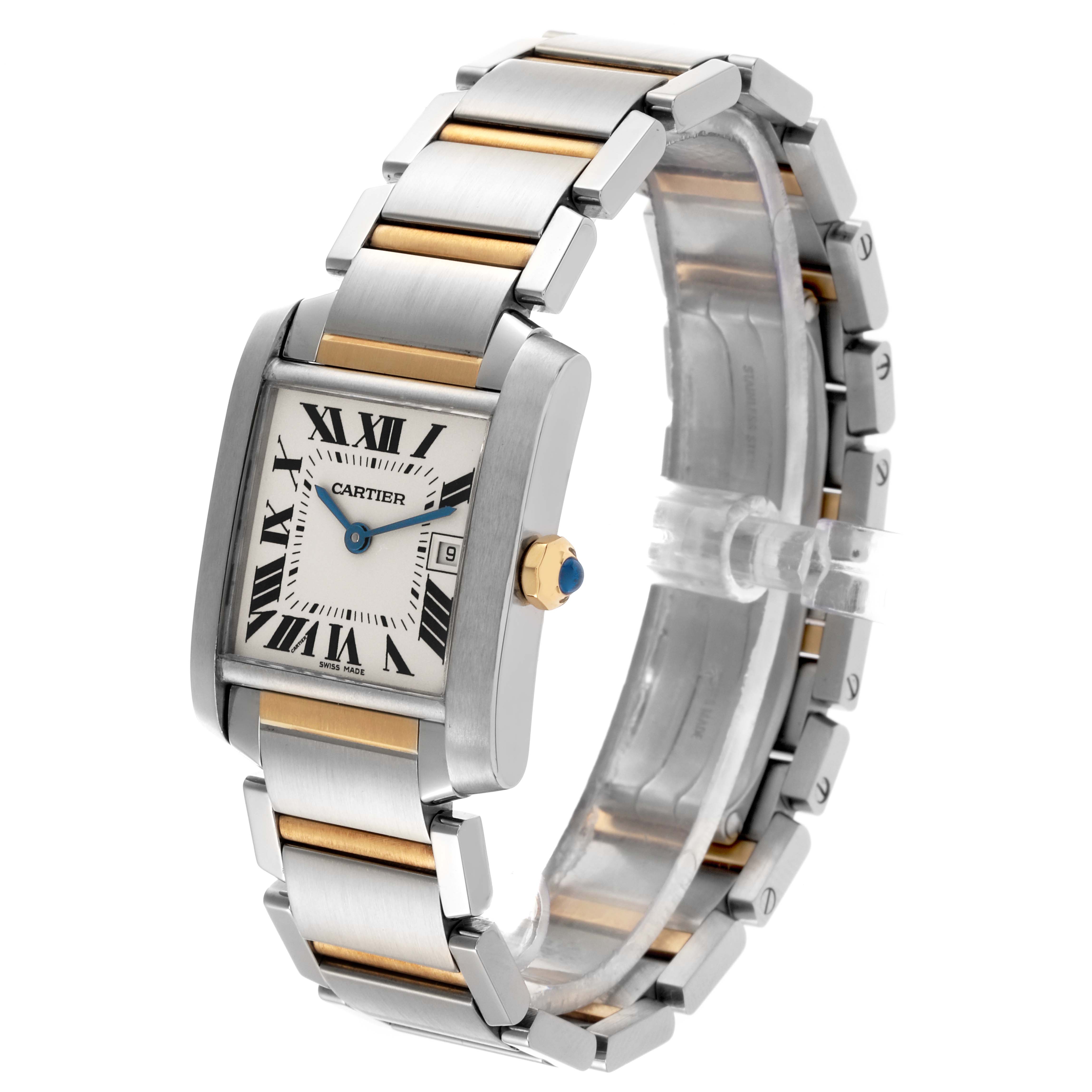 The Cartier Tank Francaise W51012Q4 Women's Steel and Gold (two tone) Silver Dial W51012Q4 Women's Steel and Gold (two tone) Silver Dial watch is shown at an angle highlighting its face, crown, and two-tone bracelet.