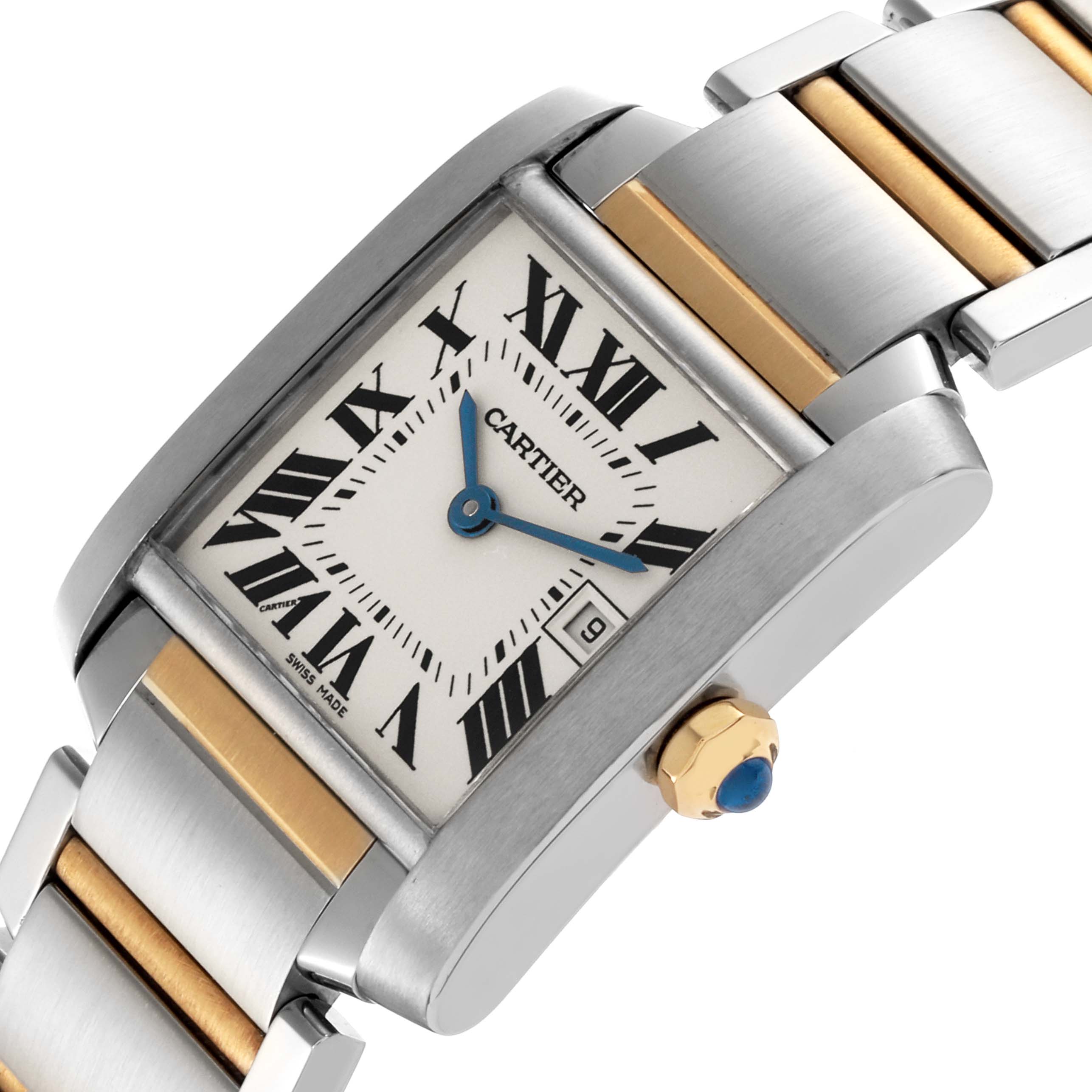 The Cartier Tank Francaise W51012Q4 Women's Steel and Gold (two tone) Silver Dial W51012Q4 Women's Steel and Gold (two tone) Silver Dial watch is shown at a three-quarter angle, highlighting the face, crown, and part of the bracelet.
