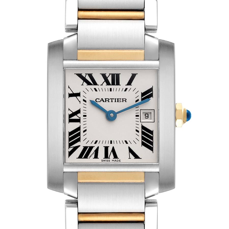 The Cartier Tank Française watch is shown from a front angle, highlighting its square face, bracelet, and Roman numeral dial.