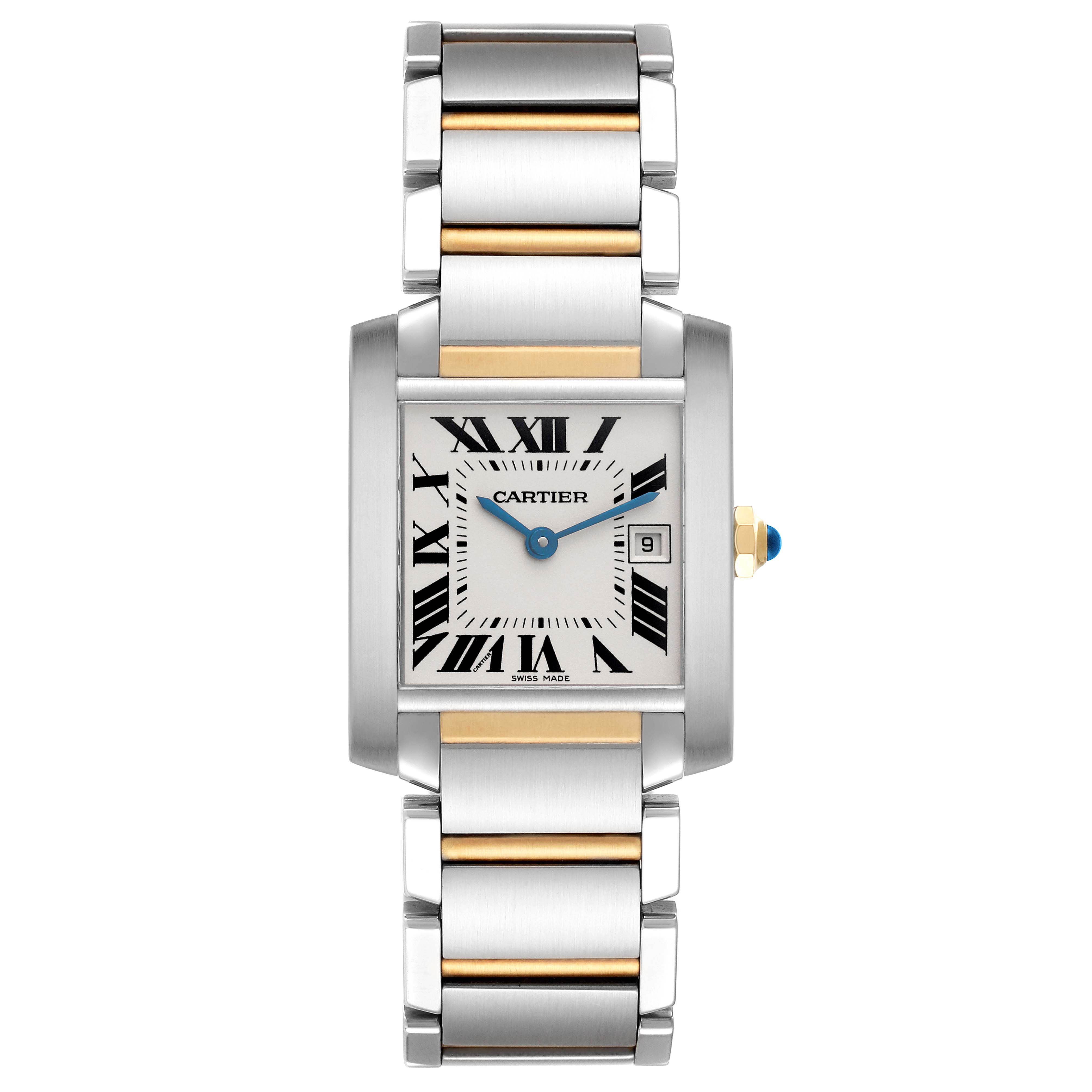 The Cartier Tank Francaise W51012Q4 Women's Steel and Gold (two tone) Silver Dial W51012Q4 Women's Steel and Gold (two tone) Silver Dial watch is shown from a front angle, displaying the dial, bracelet, and crown.