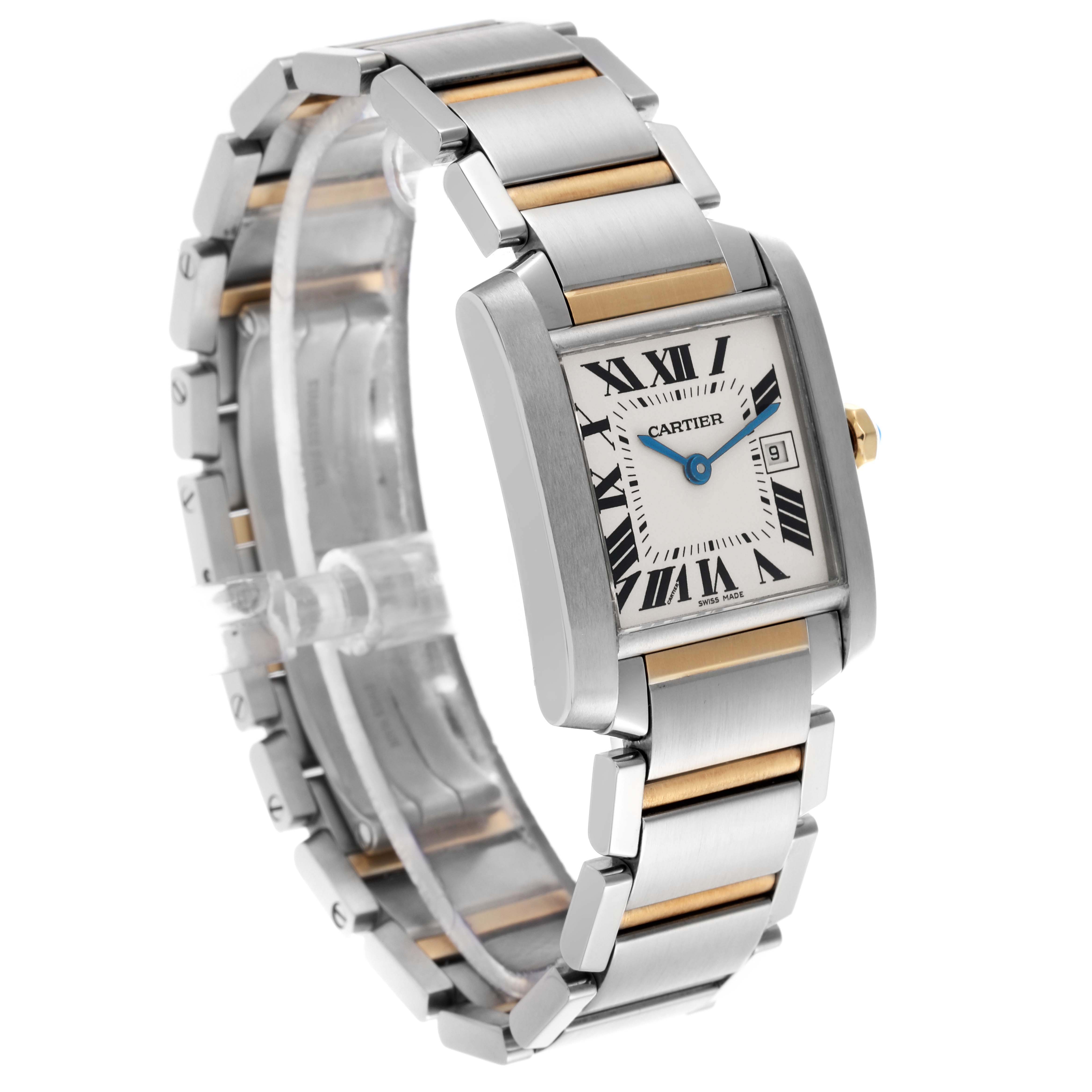 The Cartier Tank Française watch is shown at an angle highlighting the bracelet and rectangular face with Roman numerals.