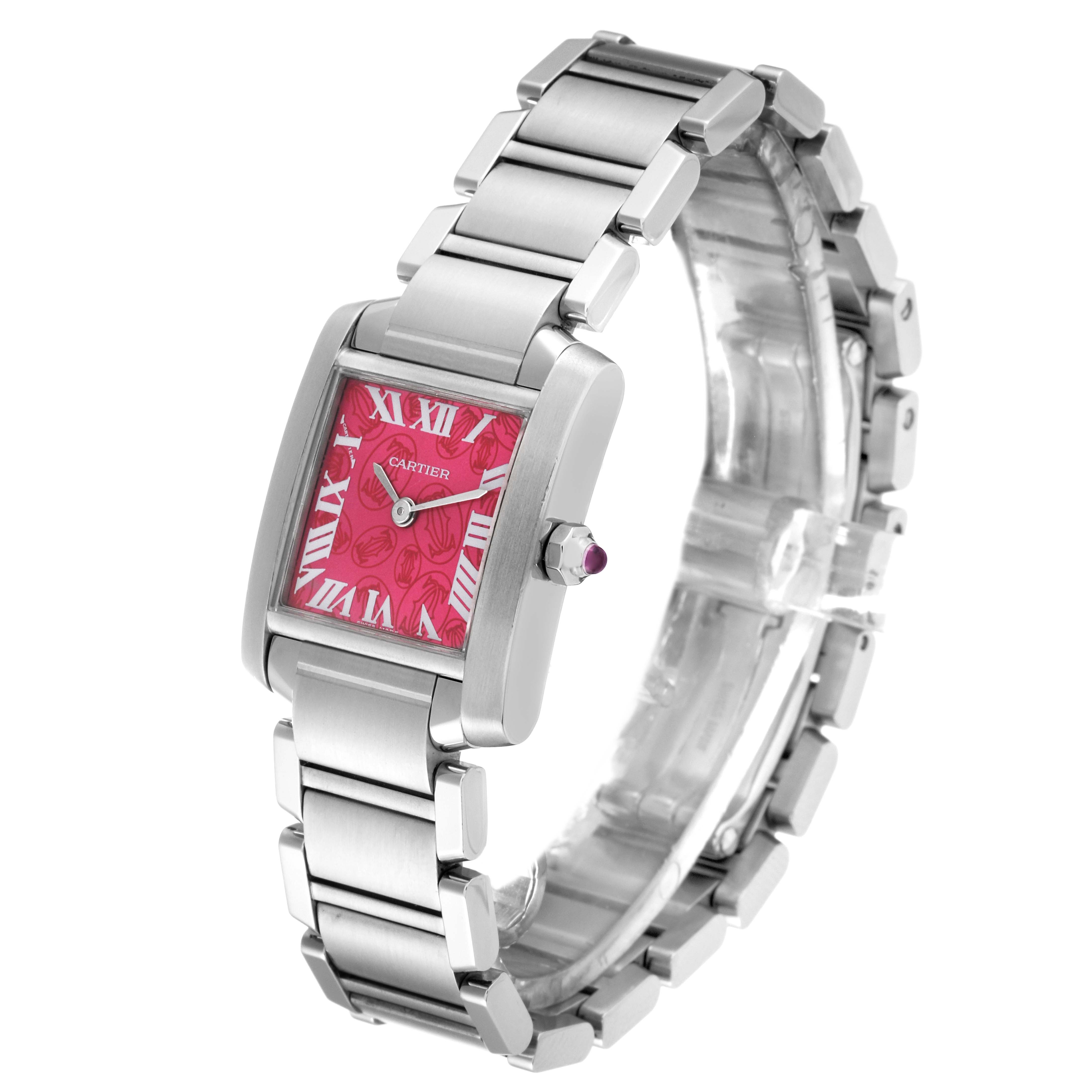 The Cartier Tank Francaise W51030Q3 Women's Stainless Steel Pink Dial W51030Q3 Women's Stainless Steel Pink Dial watch is shown at an angle highlighting its pink face, metal bracelet, and the side crown.