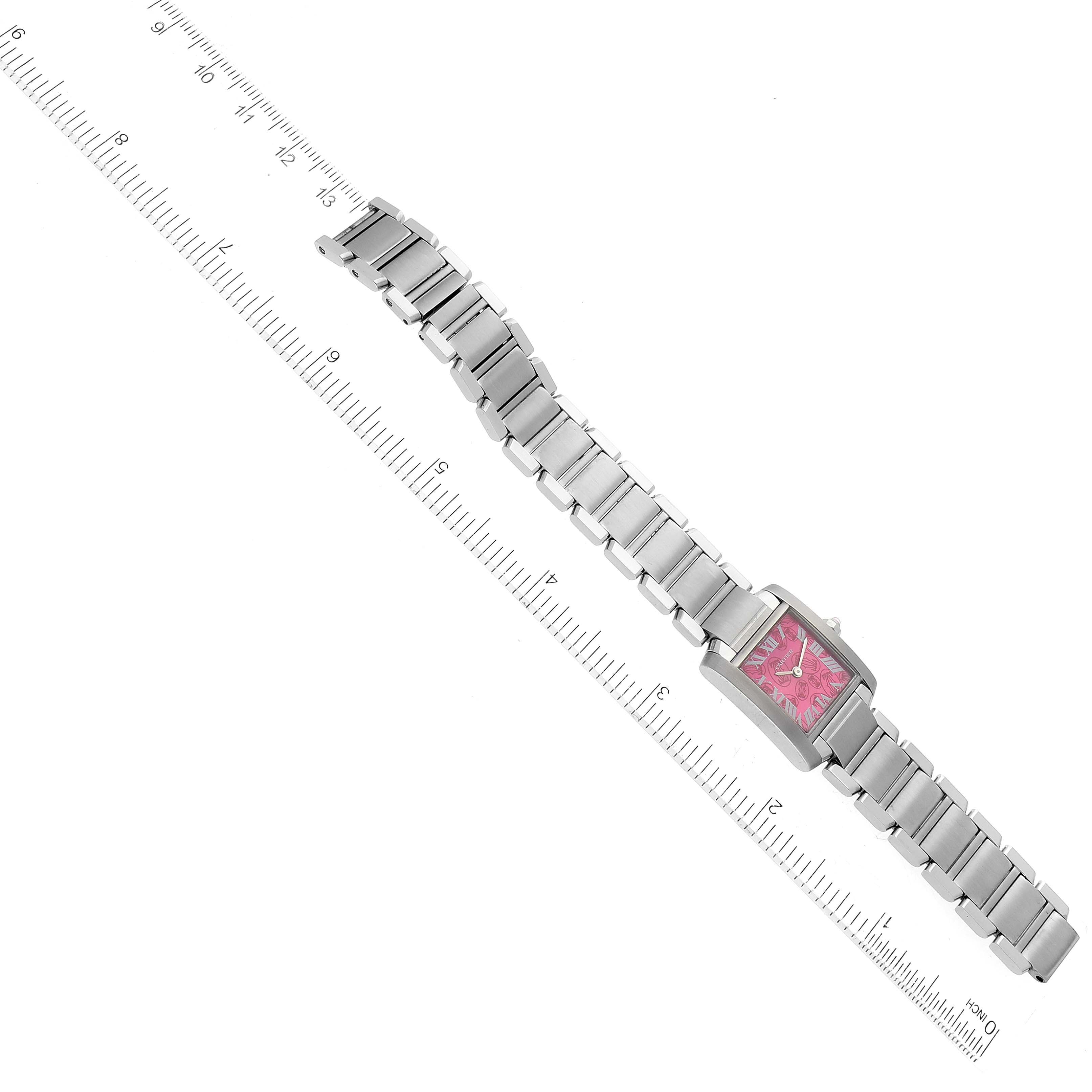 The image shows a Cartier Tank Francaise W51030Q3 Women's Stainless Steel Pink Dial W51030Q3 Women's Stainless Steel Pink Dial watch laid flat with its face, strap, and clasp in view, next to a ruler for scale.