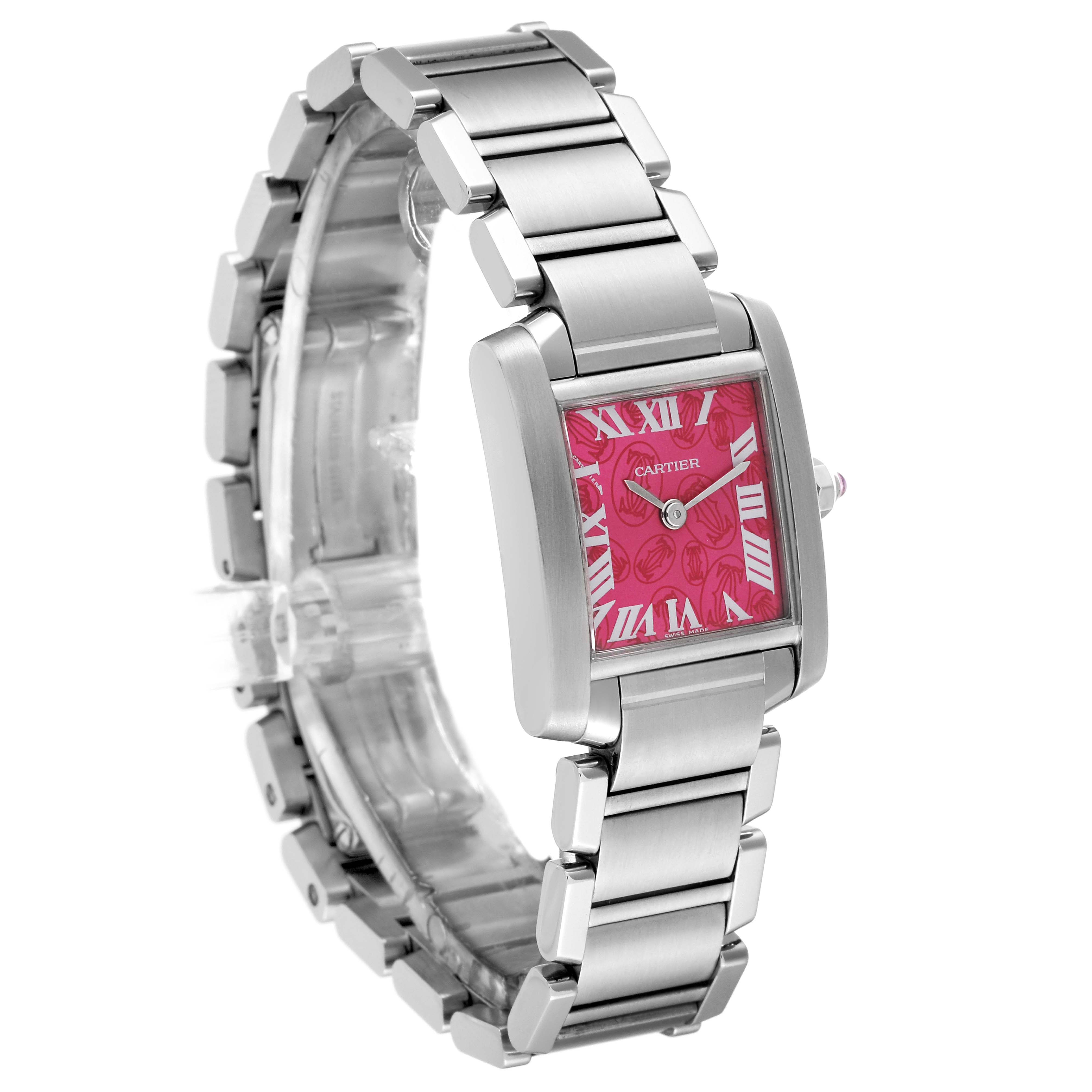 The Cartier Tank Francaise W51030Q3 Women's Stainless Steel Pink Dial W51030Q3 Women's Stainless Steel Pink Dial watch is shown at a three-quarter angle, highlighting its pink face, stainless steel case, and bracelet.