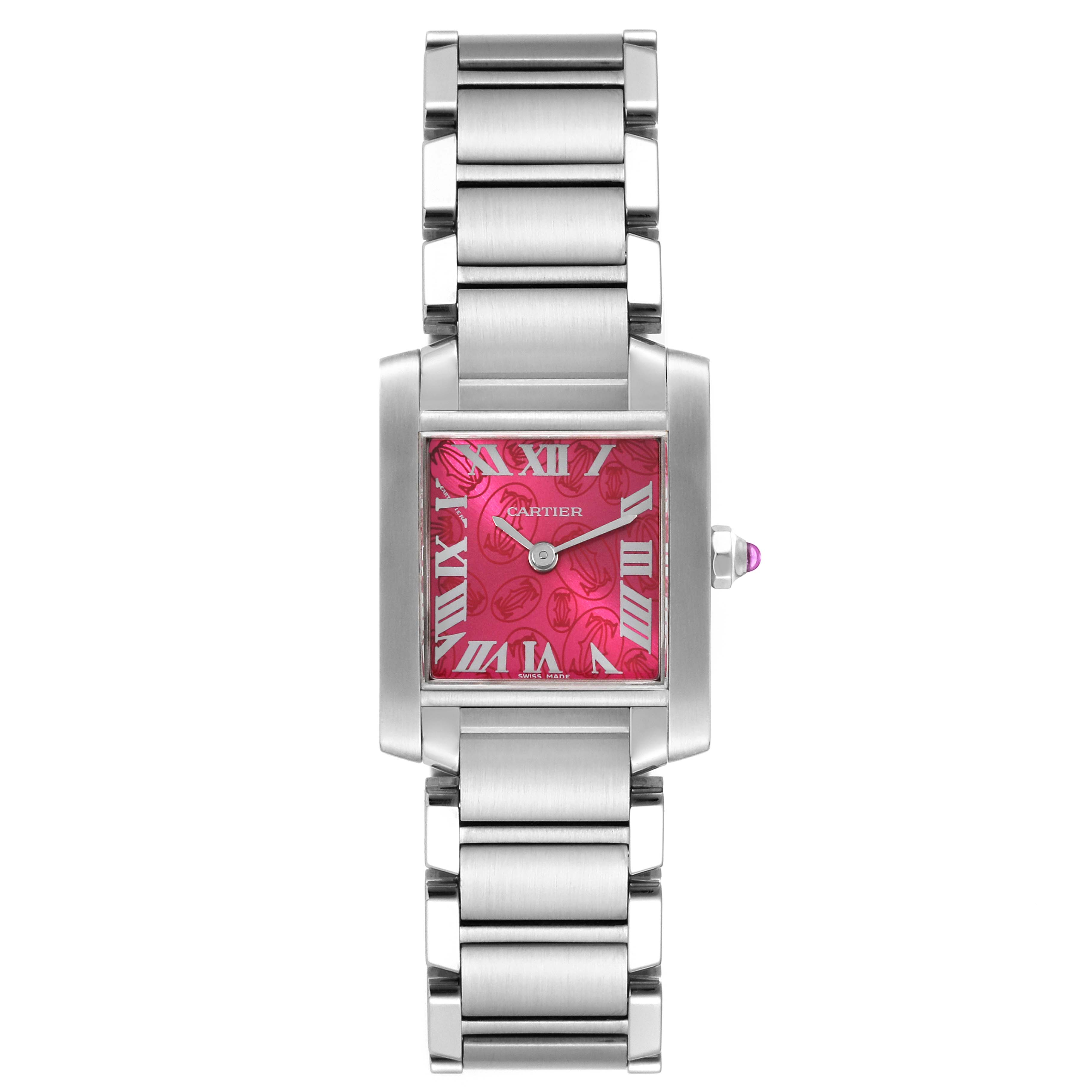 The image shows a front view of the Cartier Tank Francaise W51030Q3 Women's Stainless Steel Pink Dial W51030Q3 Women's Stainless Steel Pink Dial watch with a silver bracelet and a pink dial.
