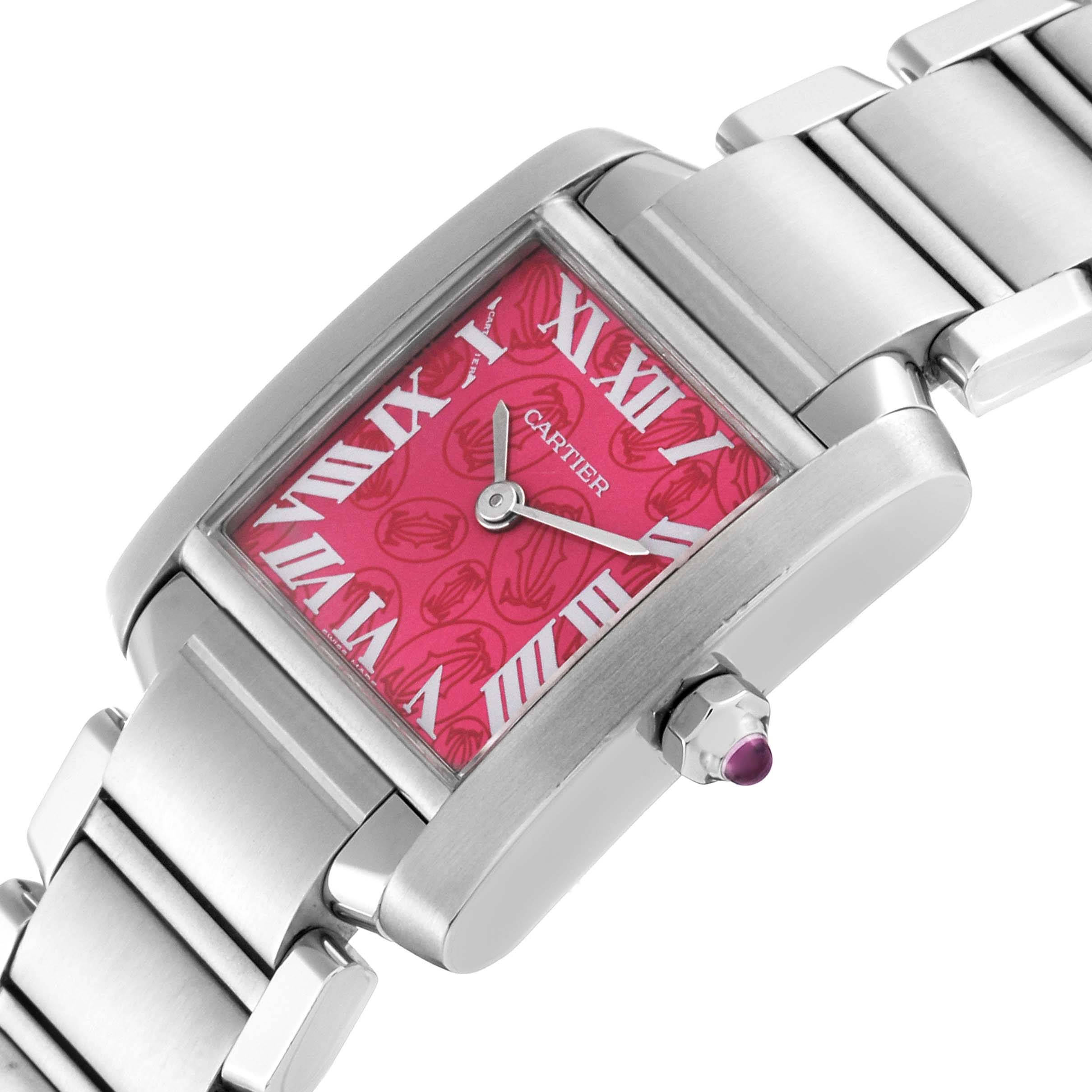 This image showcases the Cartier Tank Francaise W51030Q3 Women's Stainless Steel Pink Dial W51030Q3 Women's Stainless Steel Pink Dial watch at an angle, highlighting its pink dial, crown with cabochon, and metal bracelet.