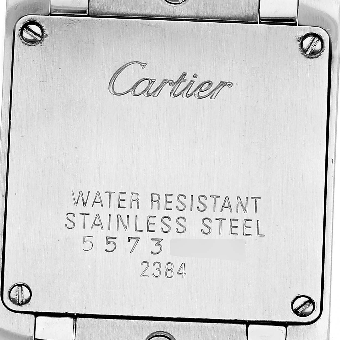 The image shows the back case of a Cartier Tank Française watch, highlighting its water resistance and stainless steel details.