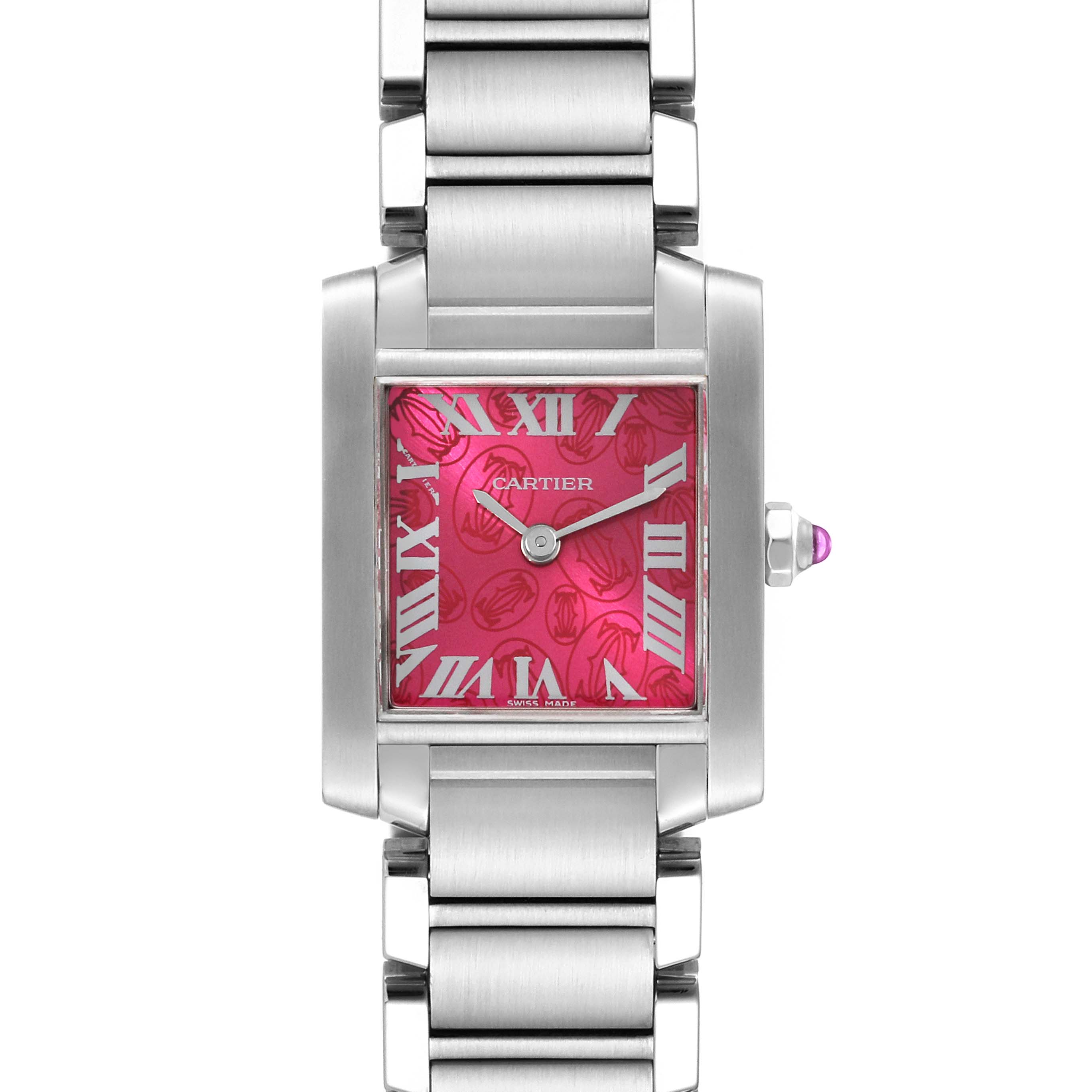 Front view of a Cartier Tank Francaise W51030Q3 Women's Stainless Steel Pink Dial W51030Q3 Women's Stainless Steel Pink Dial watch, showcasing the rectangular case, pink dial with Roman numerals, and metal bracelet.