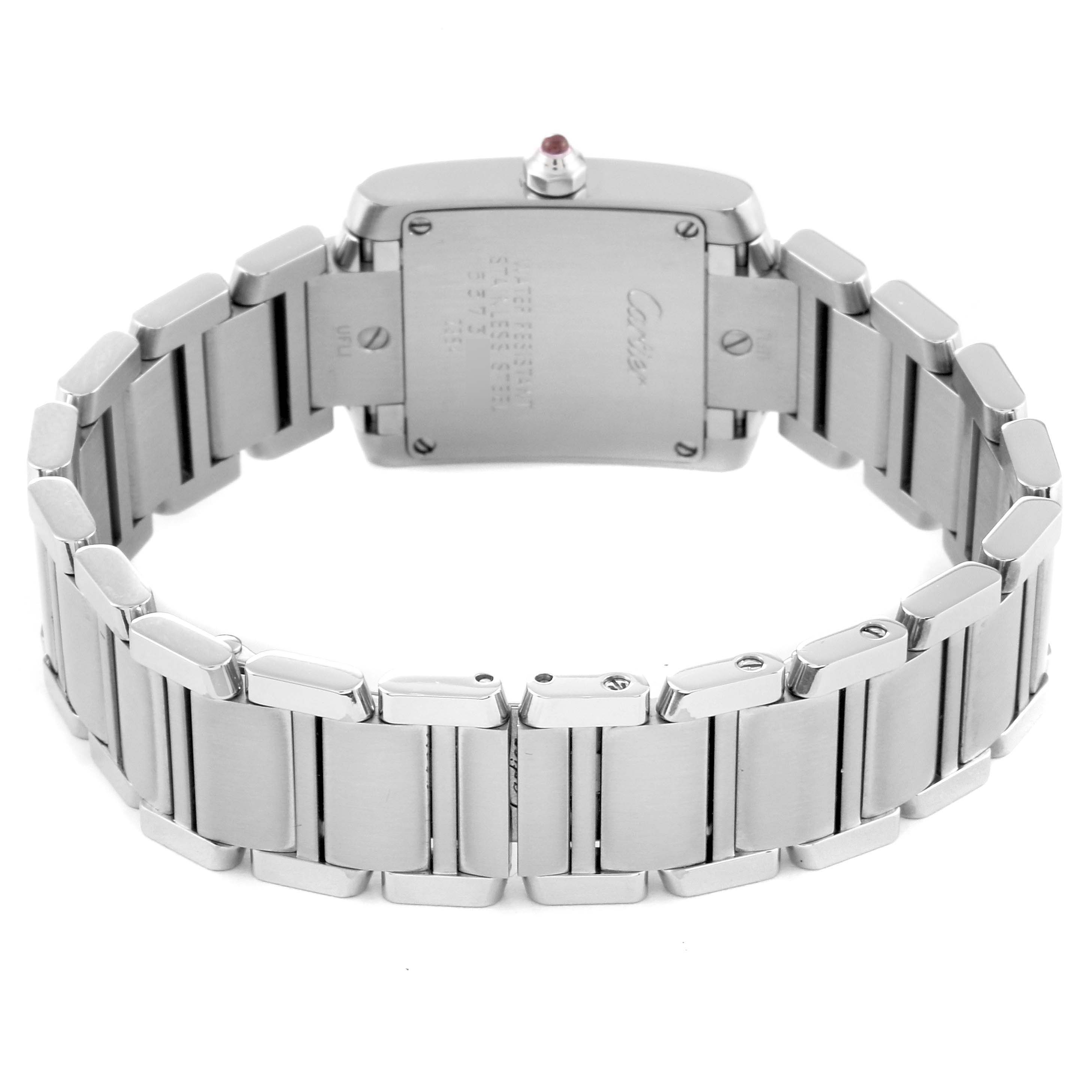 This image shows the back view of the Cartier Tank Francaise W51030Q3 Women's Stainless Steel Pink Dial W51030Q3 Women's Stainless Steel Pink Dial watch, highlighting its metal bracelet and case back.