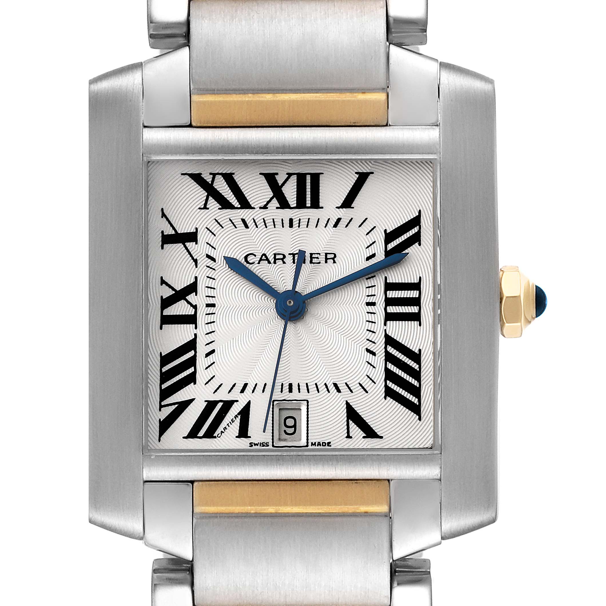 The image shows a close-up of the Tank Francaise watch face by Cartier, featuring Roman numerals, blued hands, and a date display.