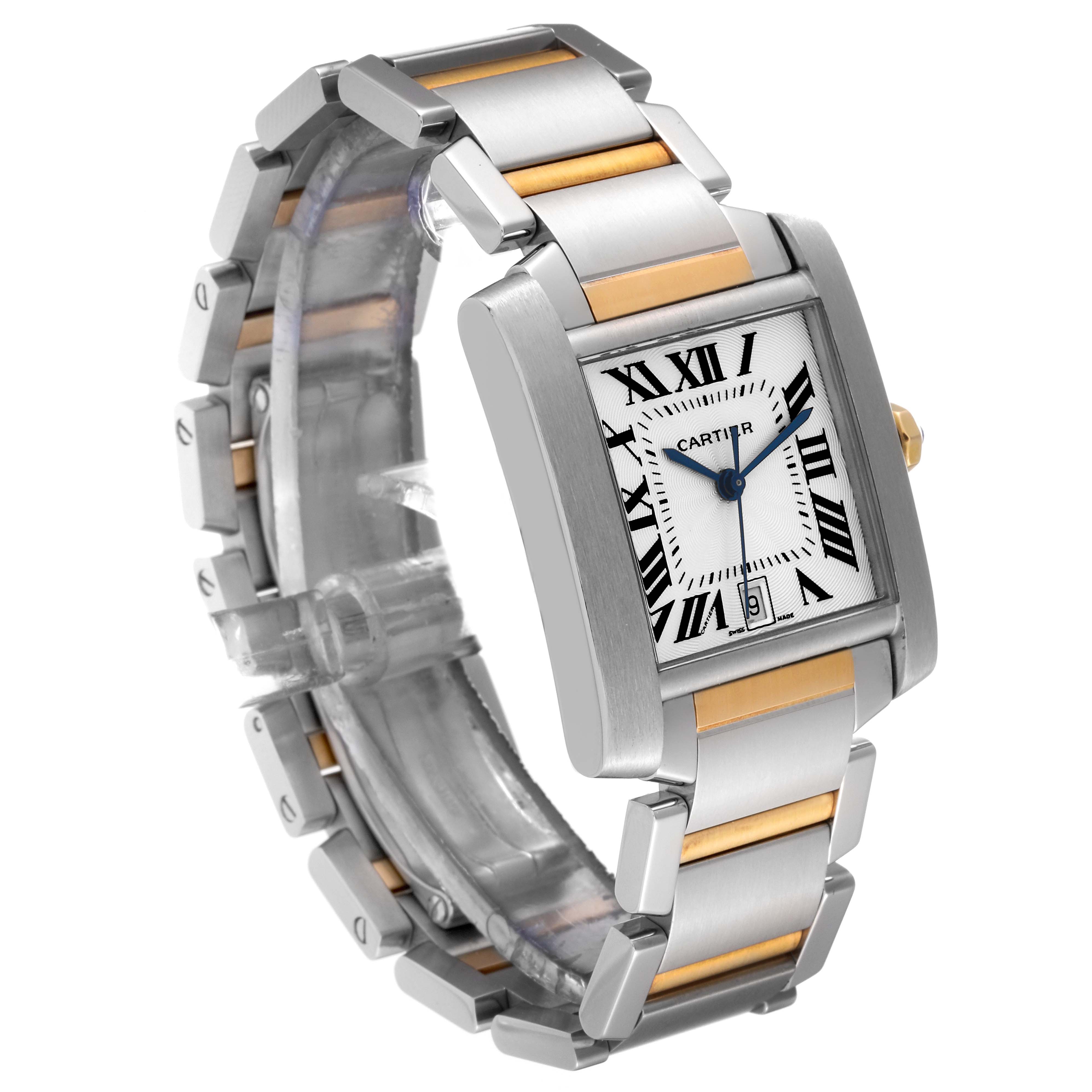 This image shows a Cartier Tank Française watch at a three-quarter angle, highlighting the face, dial, and two-tone metal bracelet.