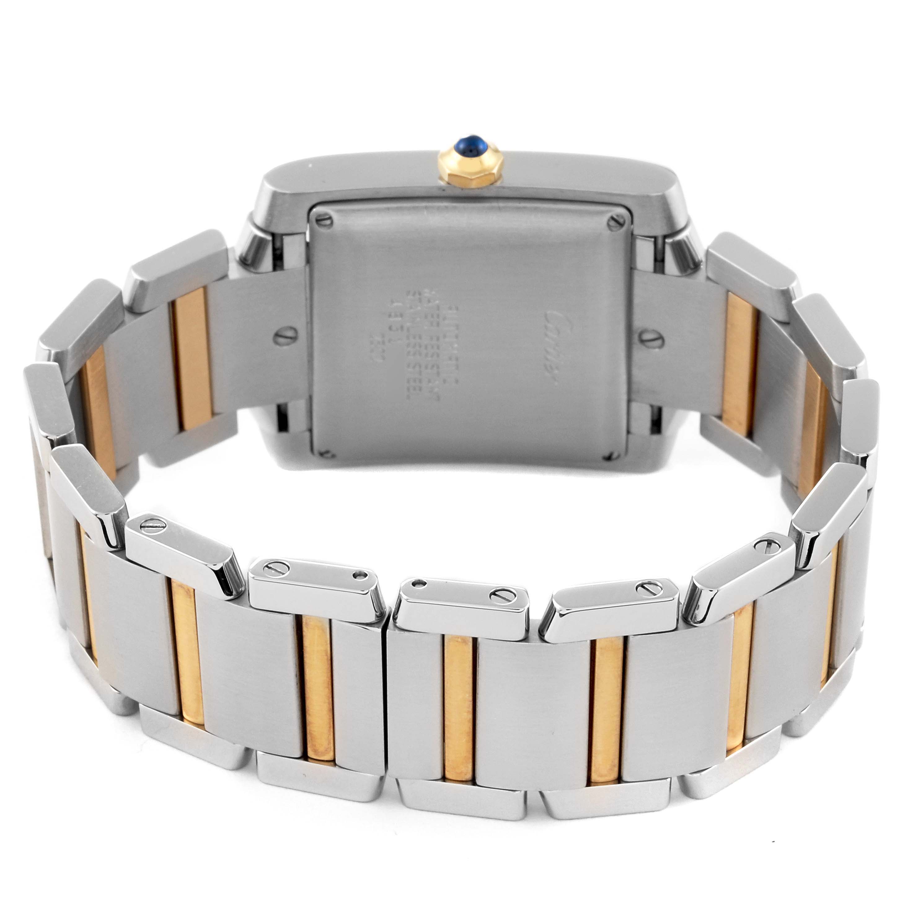 The image shows the back and bracelet of the Cartier Tank Francaise W51005Q4 Men's Steel and Gold (two tone) Silver Dial W51005Q4 Men's Steel and Gold (two tone) Silver Dial watch, highlighting its two-tone design.