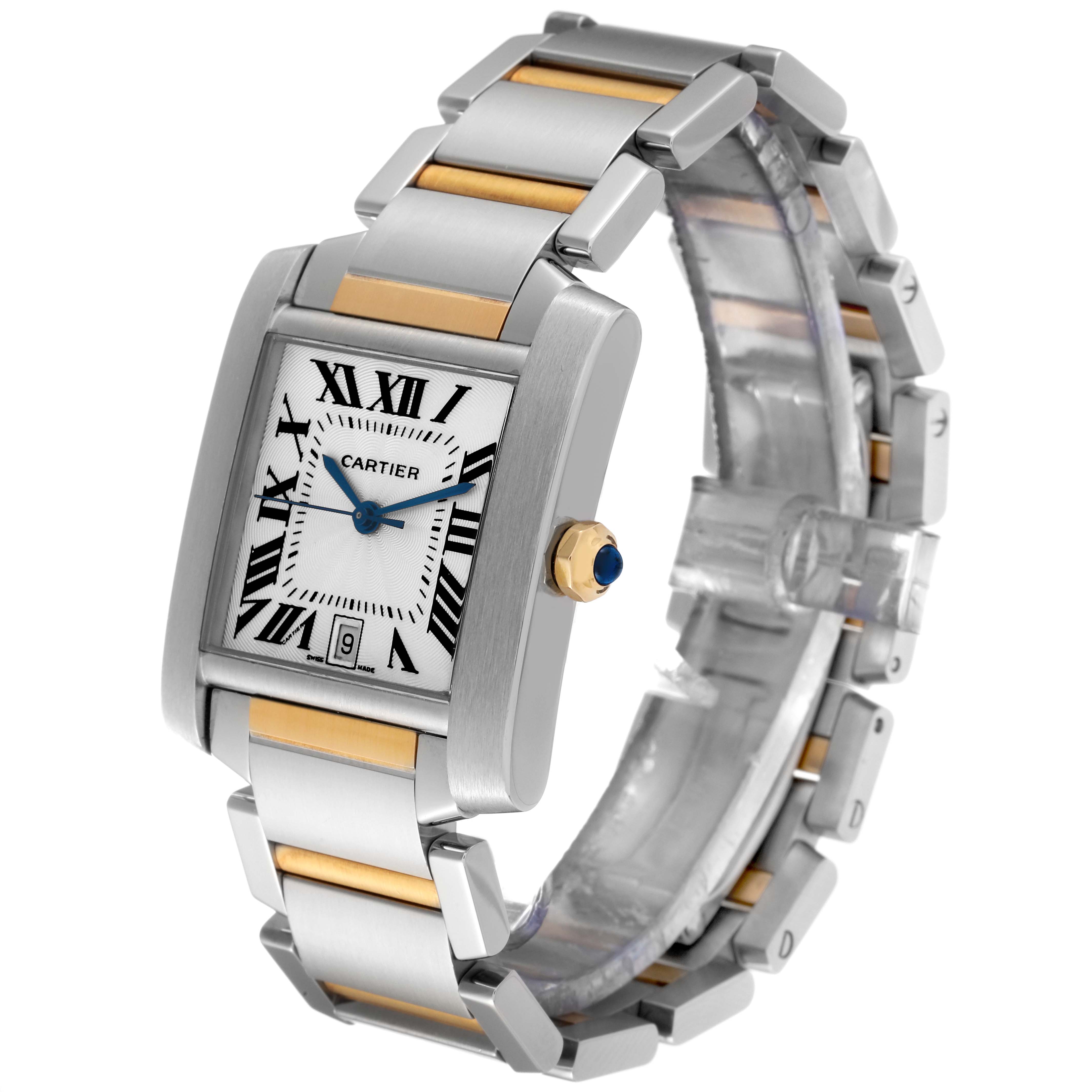 The image shows a Cartier Tank Française watch from a front angle, highlighting its rectangular face and steel and gold bracelet.
