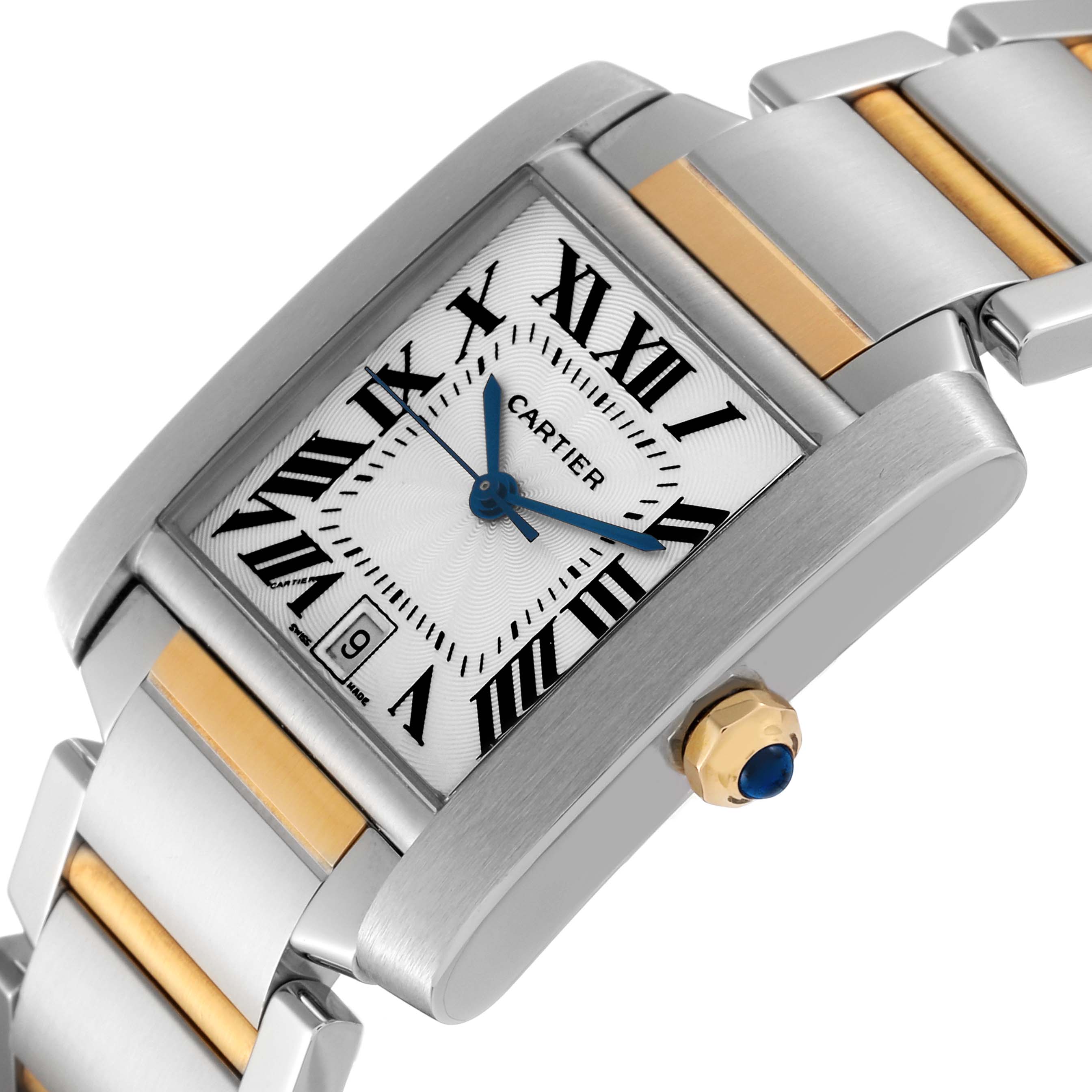 This image shows a close-up of the Cartier Tank Française watch face, crown, and part of the bracelet.