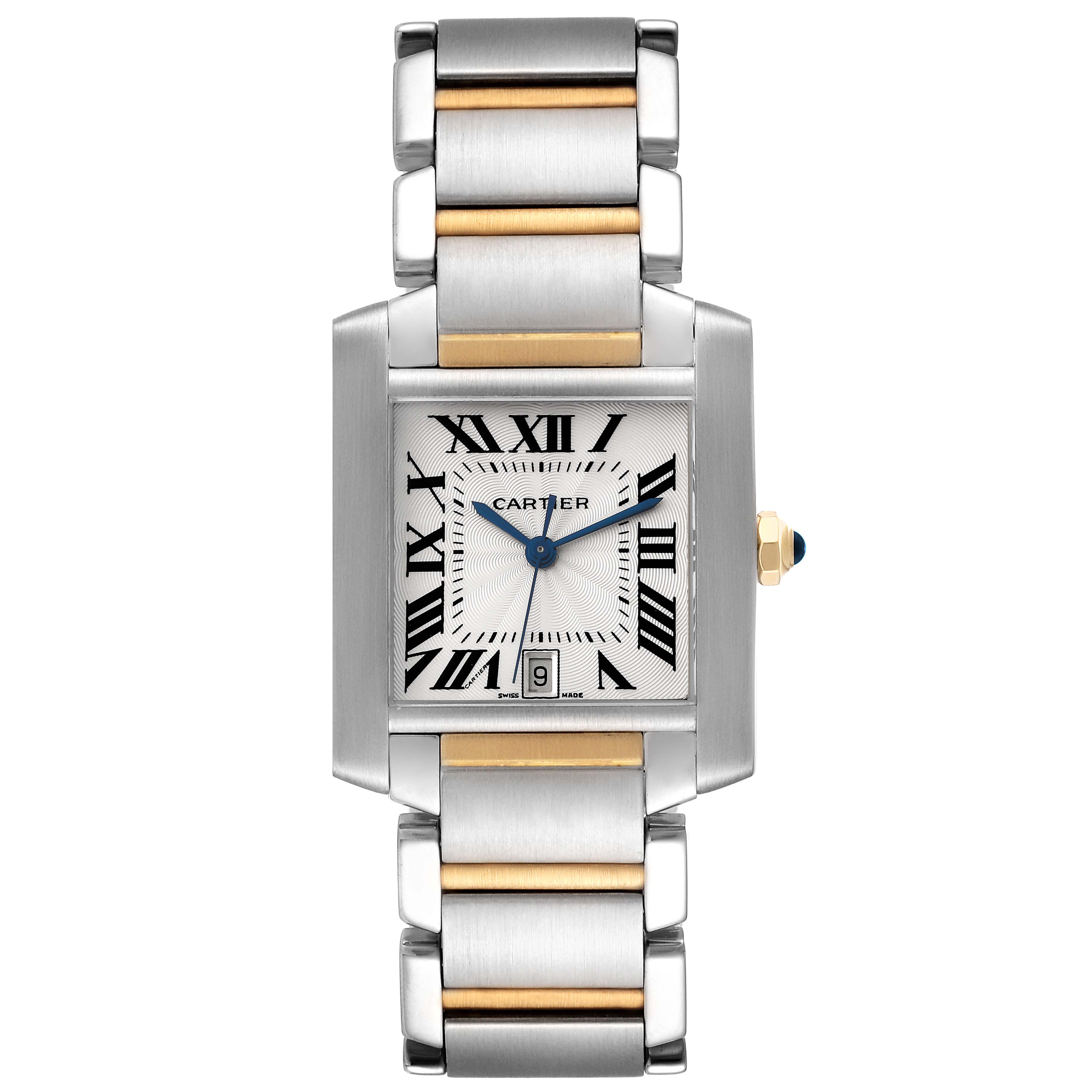 This is a front view of a Cartier Tank Francaise W51005Q4 Men's Steel and Gold (two tone) Silver Dial W51005Q4 Men's Steel and Gold (two tone) Silver Dial watch, showcasing the face, bracelet, and crown.