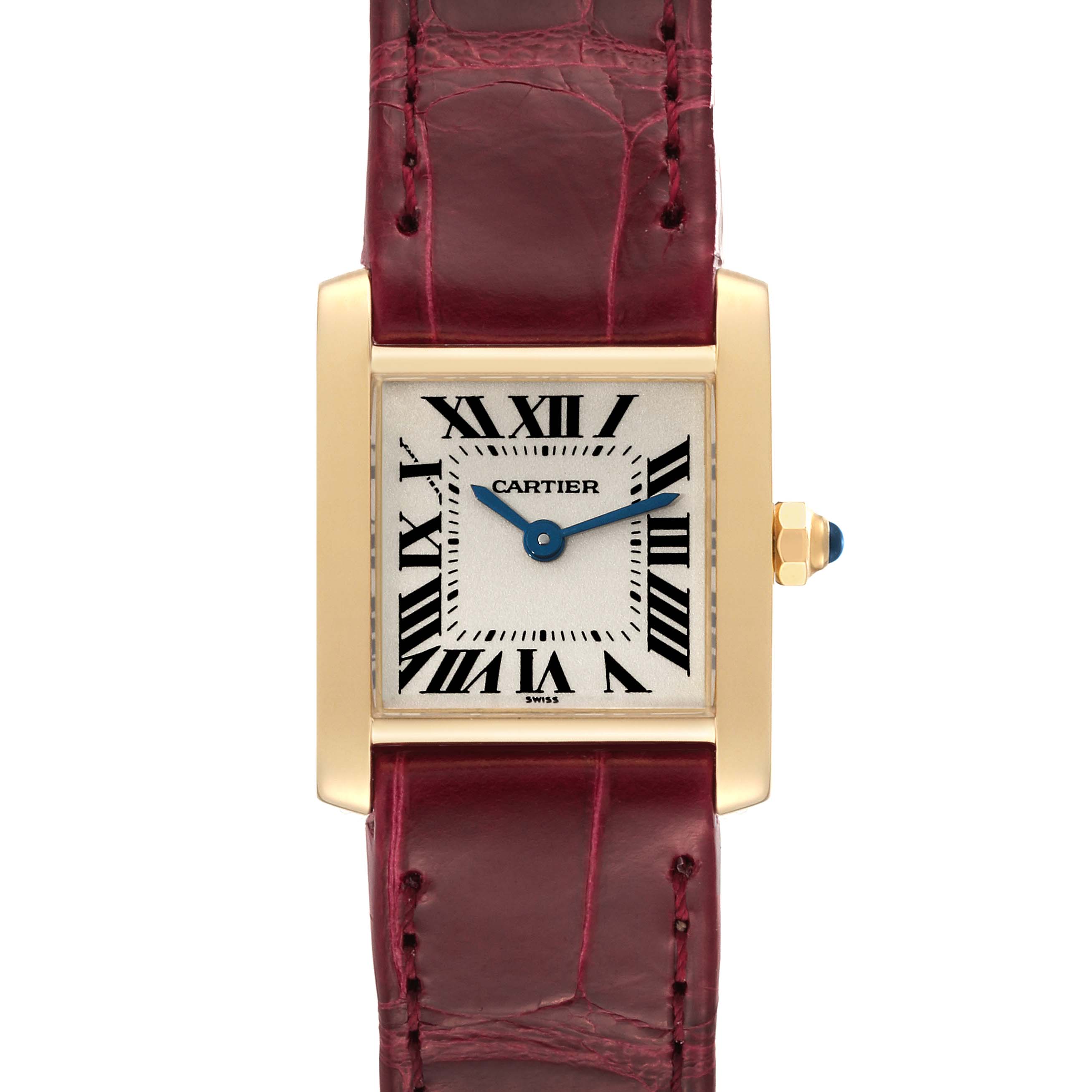 This image shows a Cartier Tank Française watch from a front angle, highlighting the dial, crown, and leather strap.