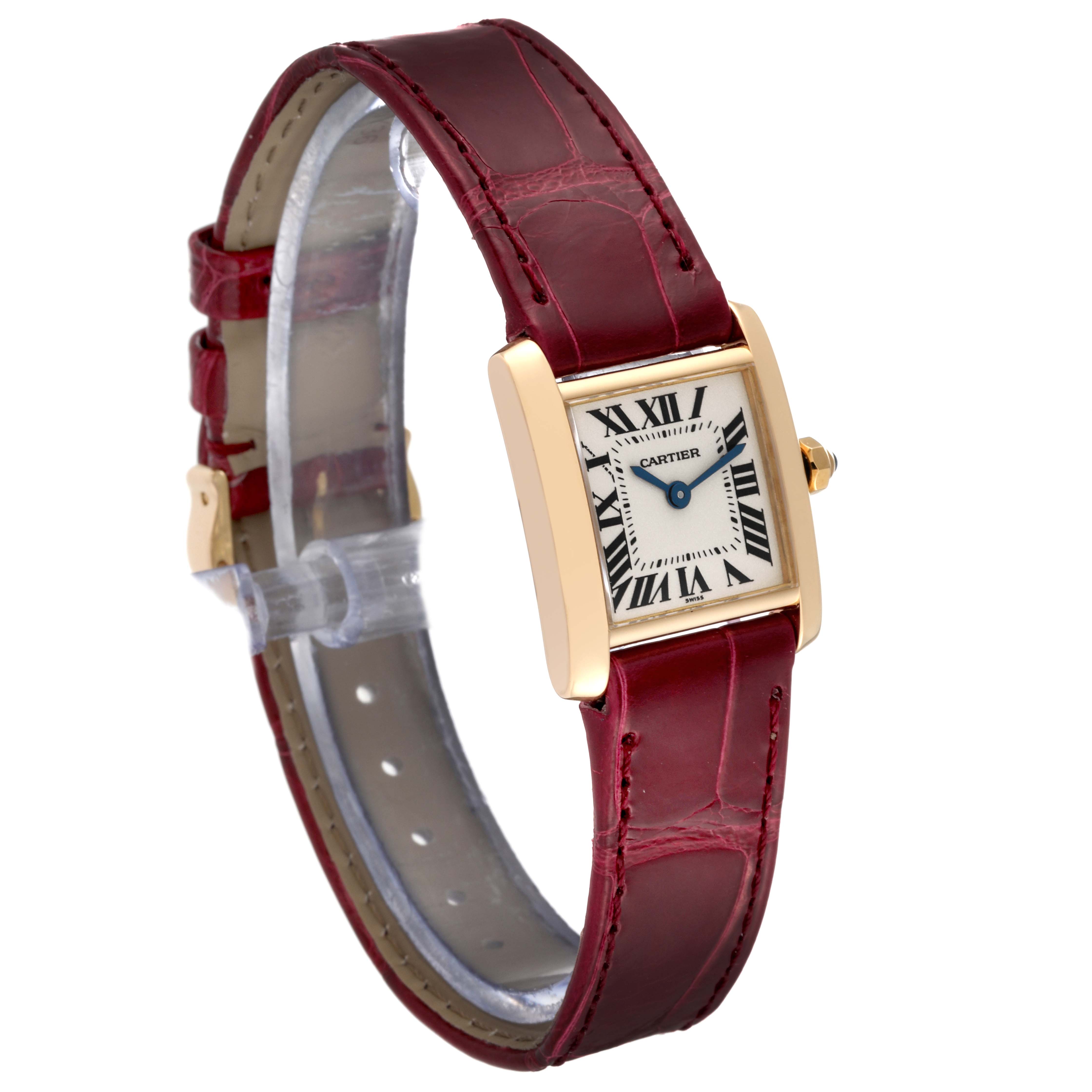 This image displays a Cartier Tank Francaise W5000256 Women's Yellow Gold Silver Dial W5000256 Women's Yellow Gold Silver Dial watch from a front angle, showcasing its dial, case, and red leather strap.