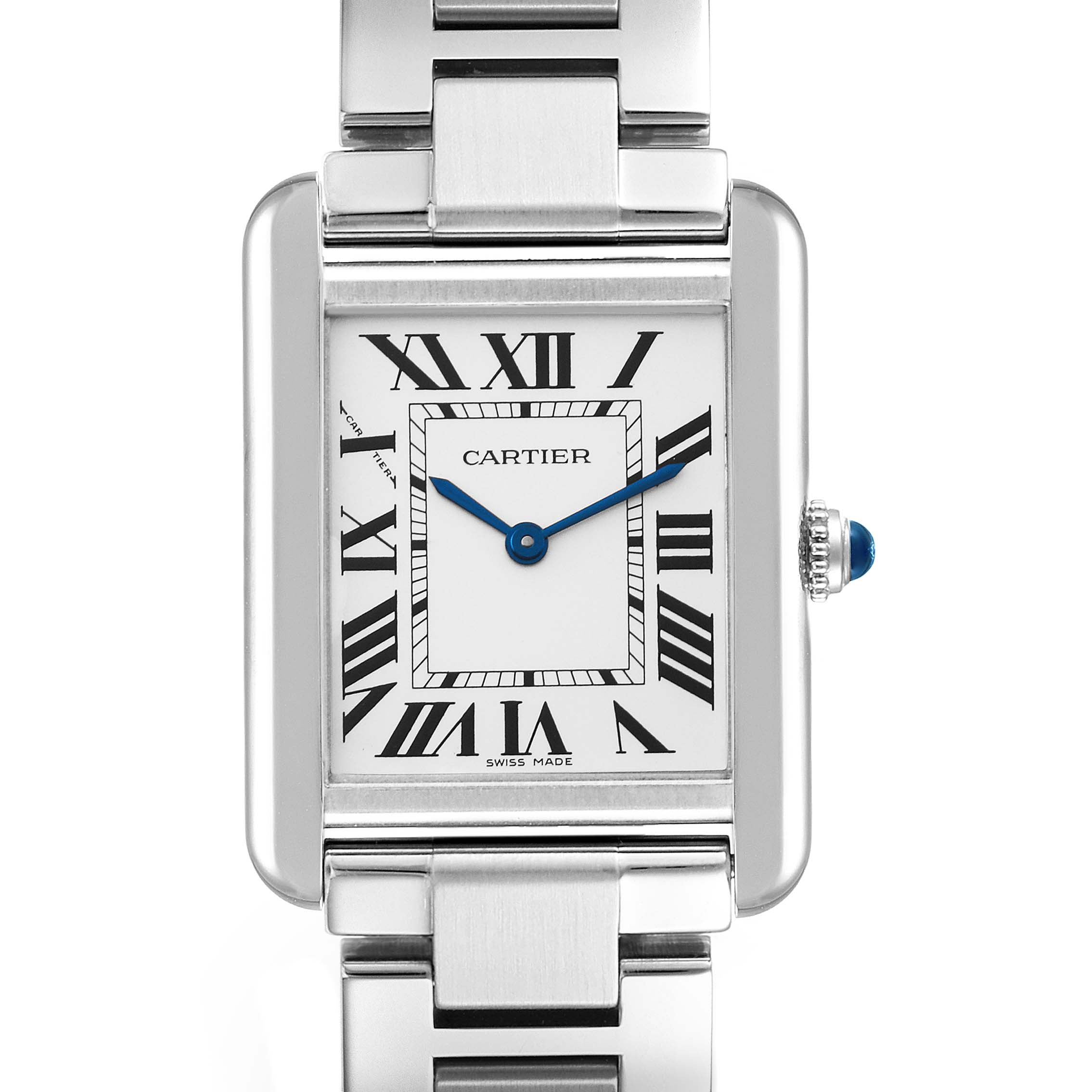 Front view of the Cartier Tank Solo W5200013 Women
s Stainless Steel Silver Dial W5200013 Women
s Stainless Steel Silver Dial watch showing the face, bezel, dial, hands, and part of the metal bracelet.